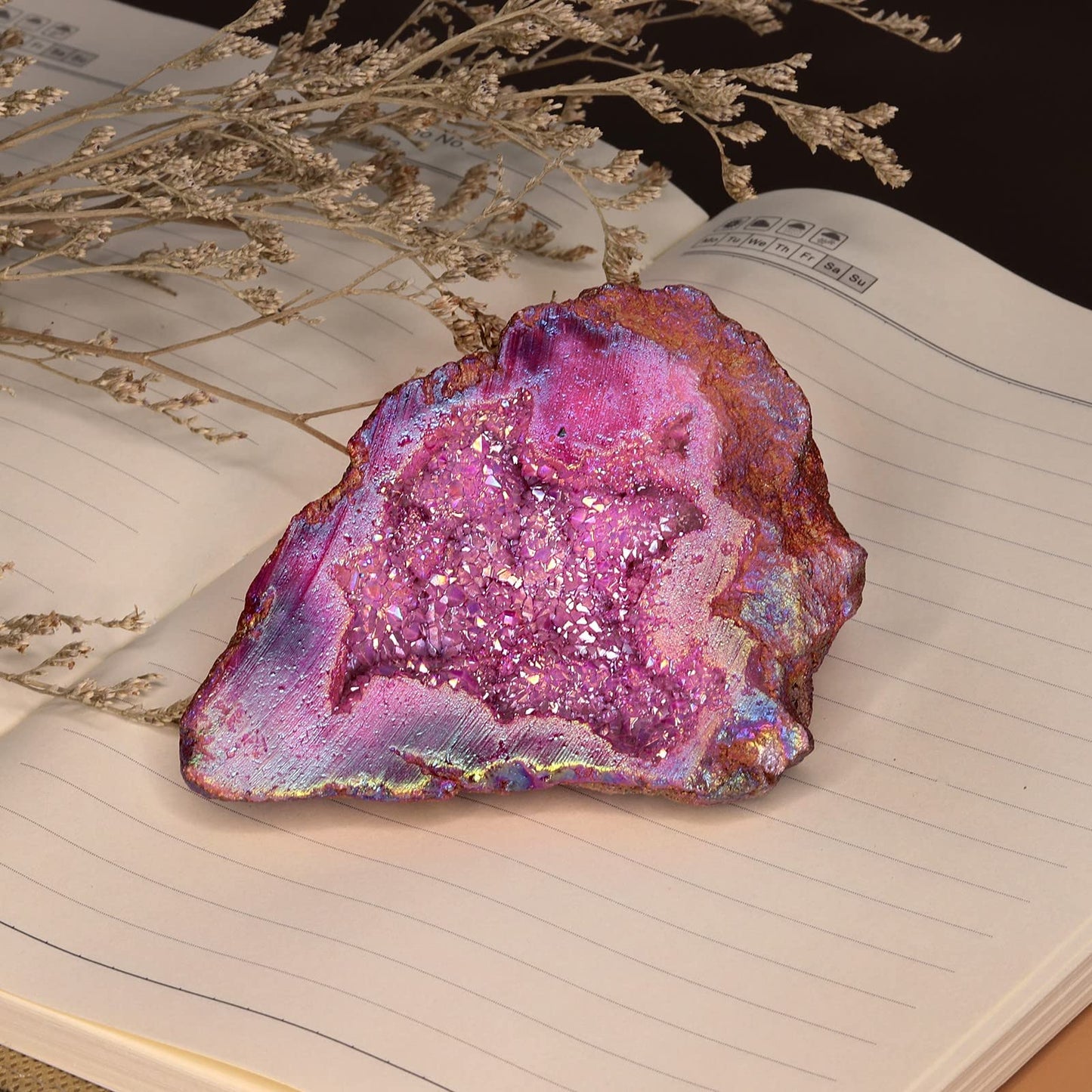 TUMBEELLUWA Irregular Titanium Coated Crystal Geode Stone Decor Natural Rainbow Rock Crystal Cluster Specimen for Home & Office, Fuchsia