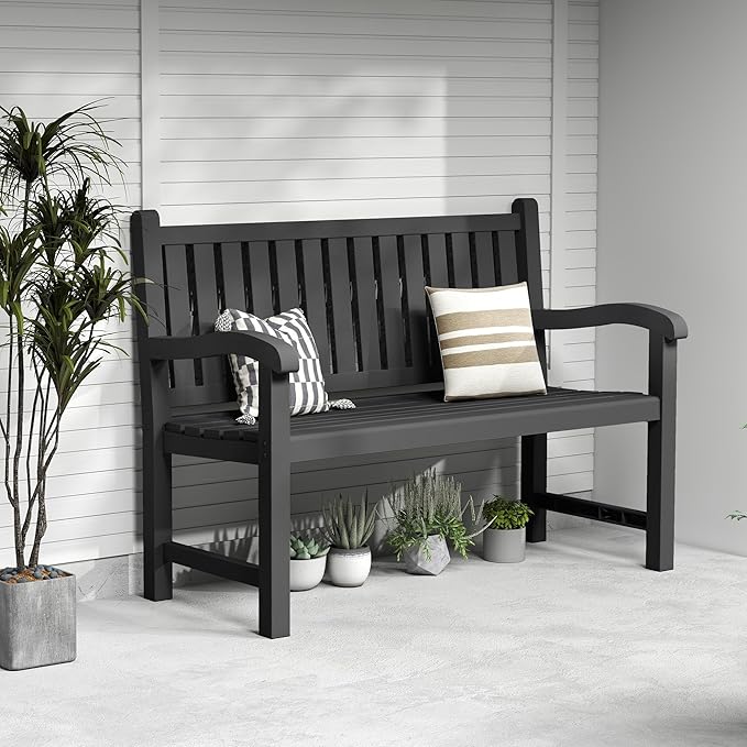 Outdoor Bench, Waterproof & Weatherproof Garden Bench with Ergonomic Design, 2-Person Resin Bench for Porch, Deck, Patio, Outdoor, Garden & Park(Black)