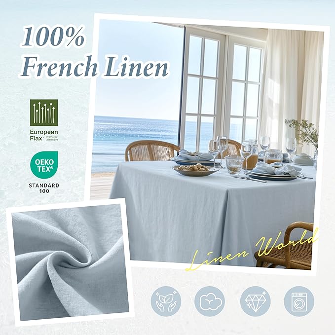 Linen World Blue Linen Tablecloth - 100% French Linen Table Cloth 108" x 60" Inch,Washable Rectangular Tablecloth for Dining,Outdoor,Weddings and Restaurants,Decorative Thanksgiving Christmas