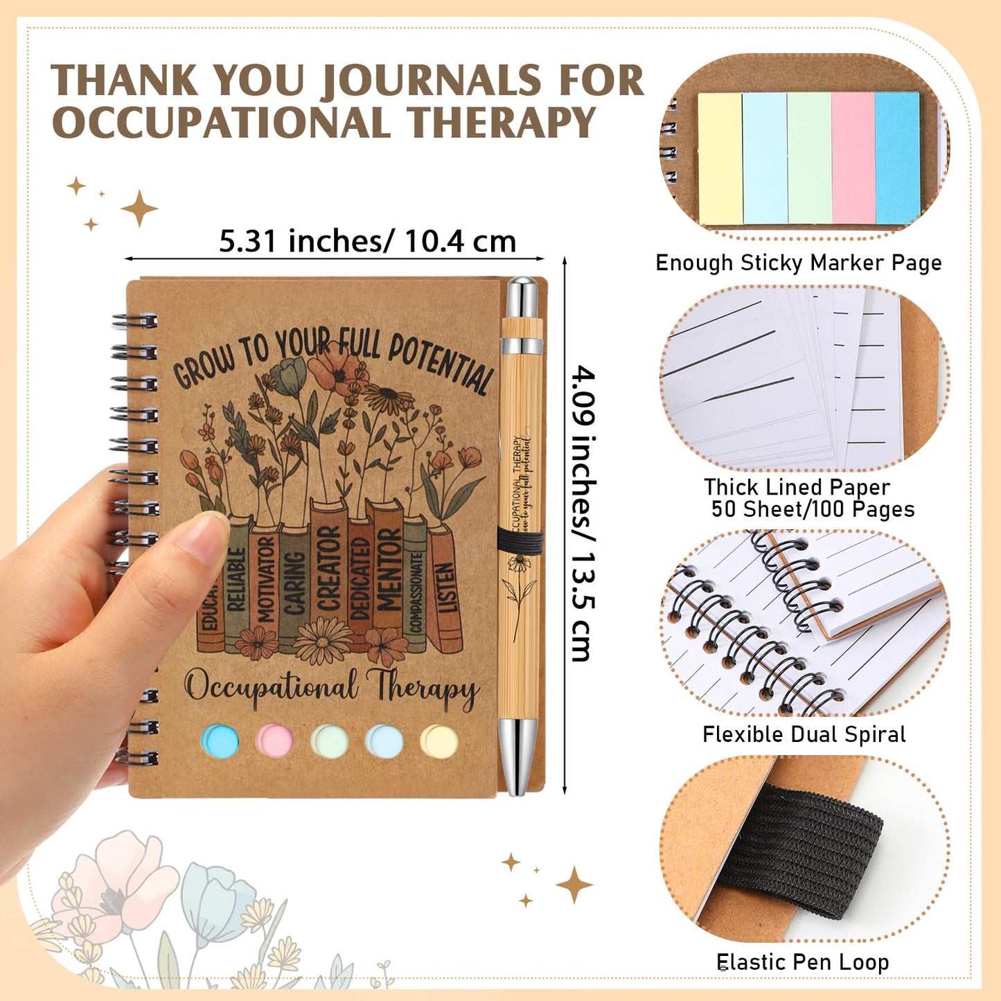 Jetec 20 Set Occupational Therapy Appreciation Gifts Bulk OT Month A6 Spiral Journal Notebooks with Sticky Notes Bamboo Pens for Occupational Therapist Must Haves Supplies