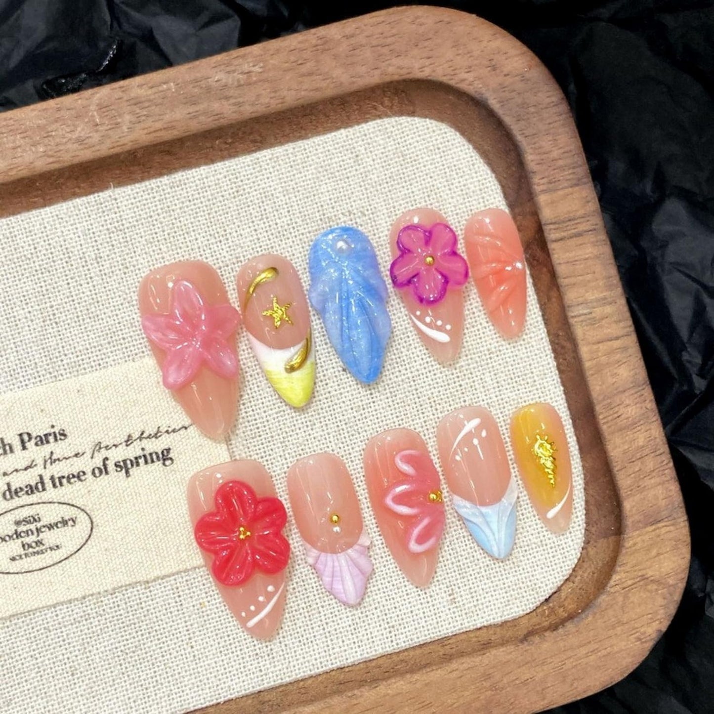 Luxury Press on Nails Medium Almond Handmade 3D Unique Reusable ABS Material Fake Nails French Tip False Nails with Designs Stars Pink Flower Art Petal Glossy Glue on Thick Acrylic Nails(M)