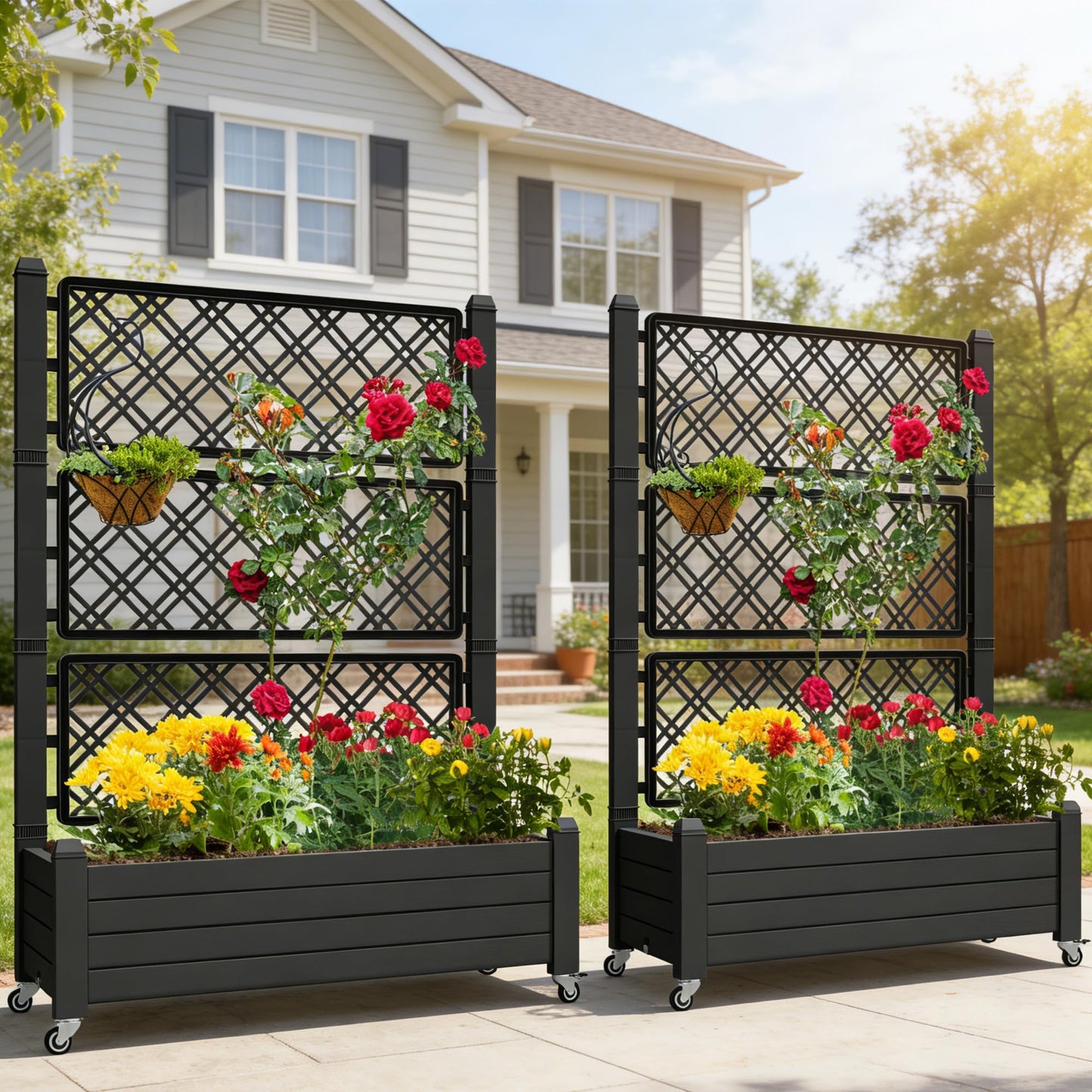 YITAHOME 43.3x17.7x61 in Planter Boxes Outdoor with Trellis 2pcs Resin Raised Garden Bed with Wheels & Drain Plug for Climbing Plants, Weather-Resistant Outdoor Privacy Screen, Black