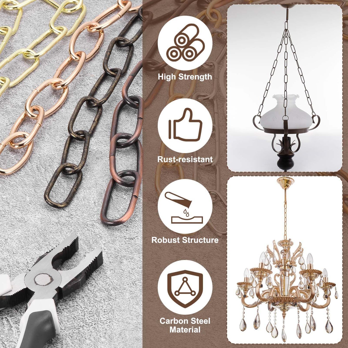 uxcell 6ft Lighting Hanging Chain, 3mm/0.12" Looping Metal Pendant Chandelier Chain Extension with 2 Quick Link Lock for Hanging Plant Pendant Chandelier Light Fixture, Light Copper