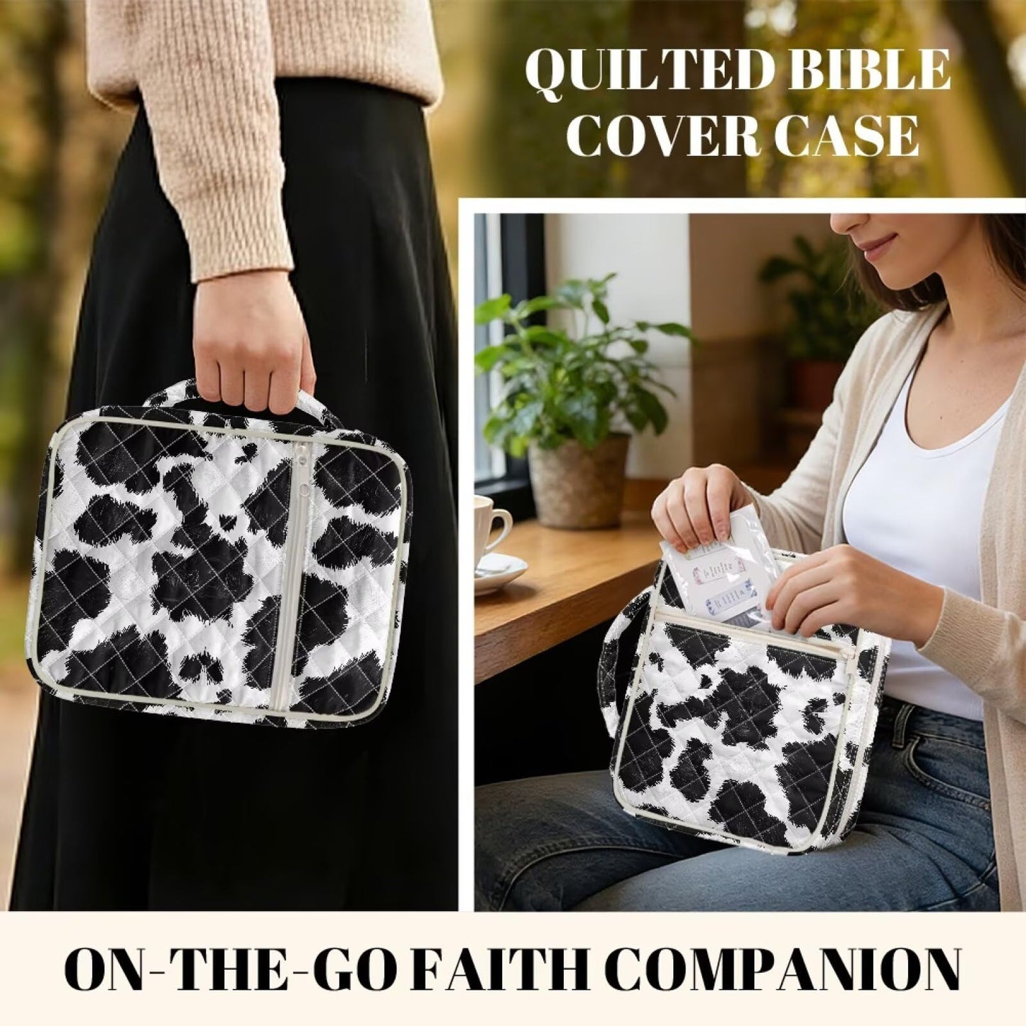 NETILGEN Black and White Cow Print Quilted Bible Carrying Case for Women Bible Cover with Handle Scripture Study Supplies Accessories Christian Gifts