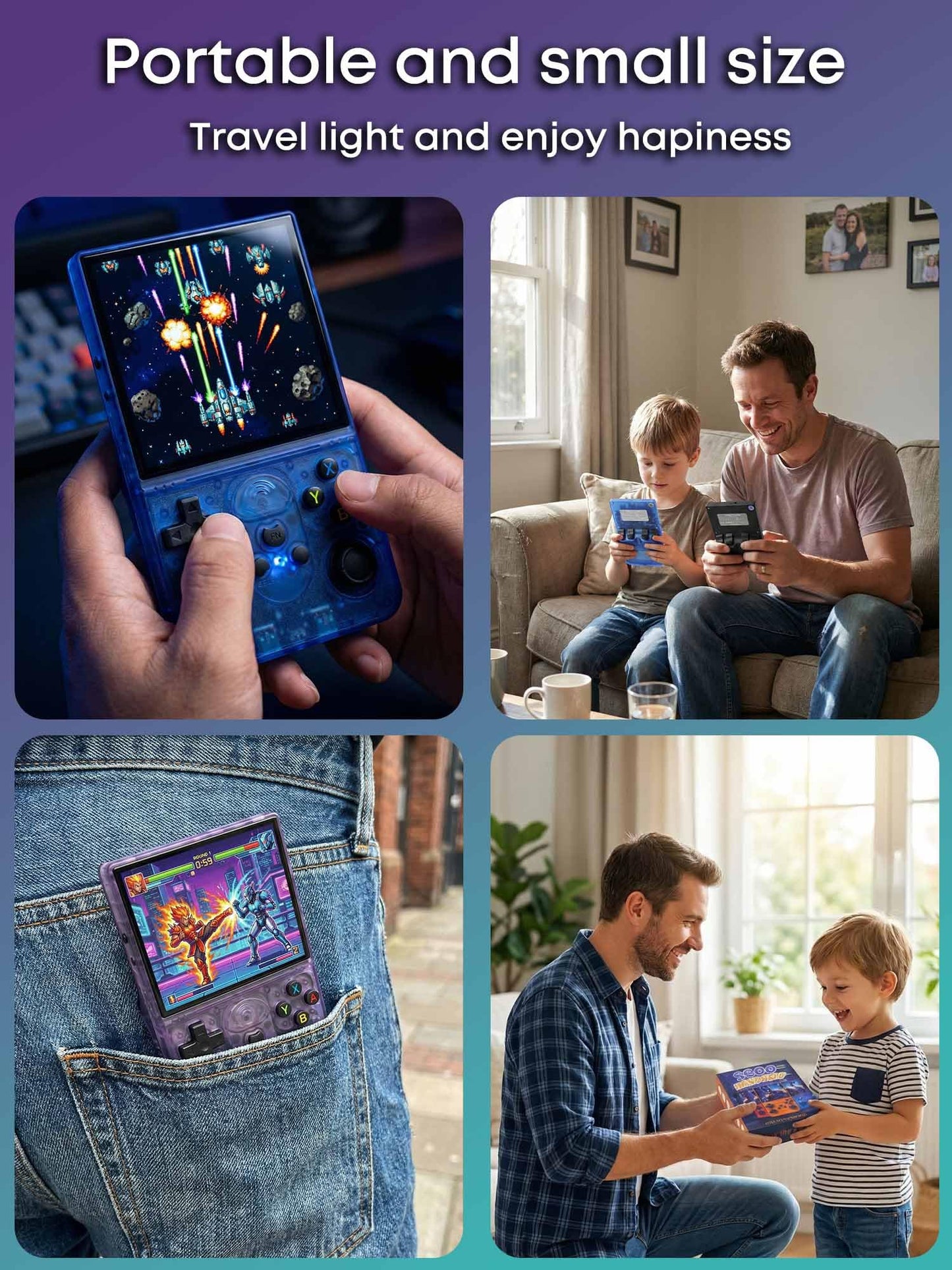 Retro Handheld Game Console, 4.0 Inch 720x720 IPS Screen 64GB Built-in 18,000+ Classic Game, Open Source Linux Handheld Video Game Player with Dual 3D Joysticks, 3500mAh Battery, Purple