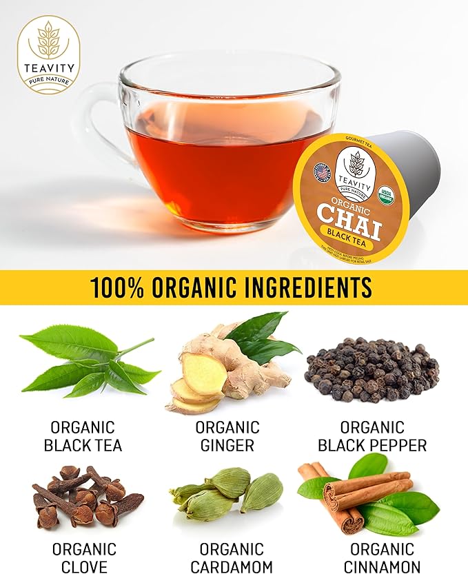Organic Chai Black Tea Pods for Keurig Naturally Caffeinated by Teavity (24 Tea Pods)
