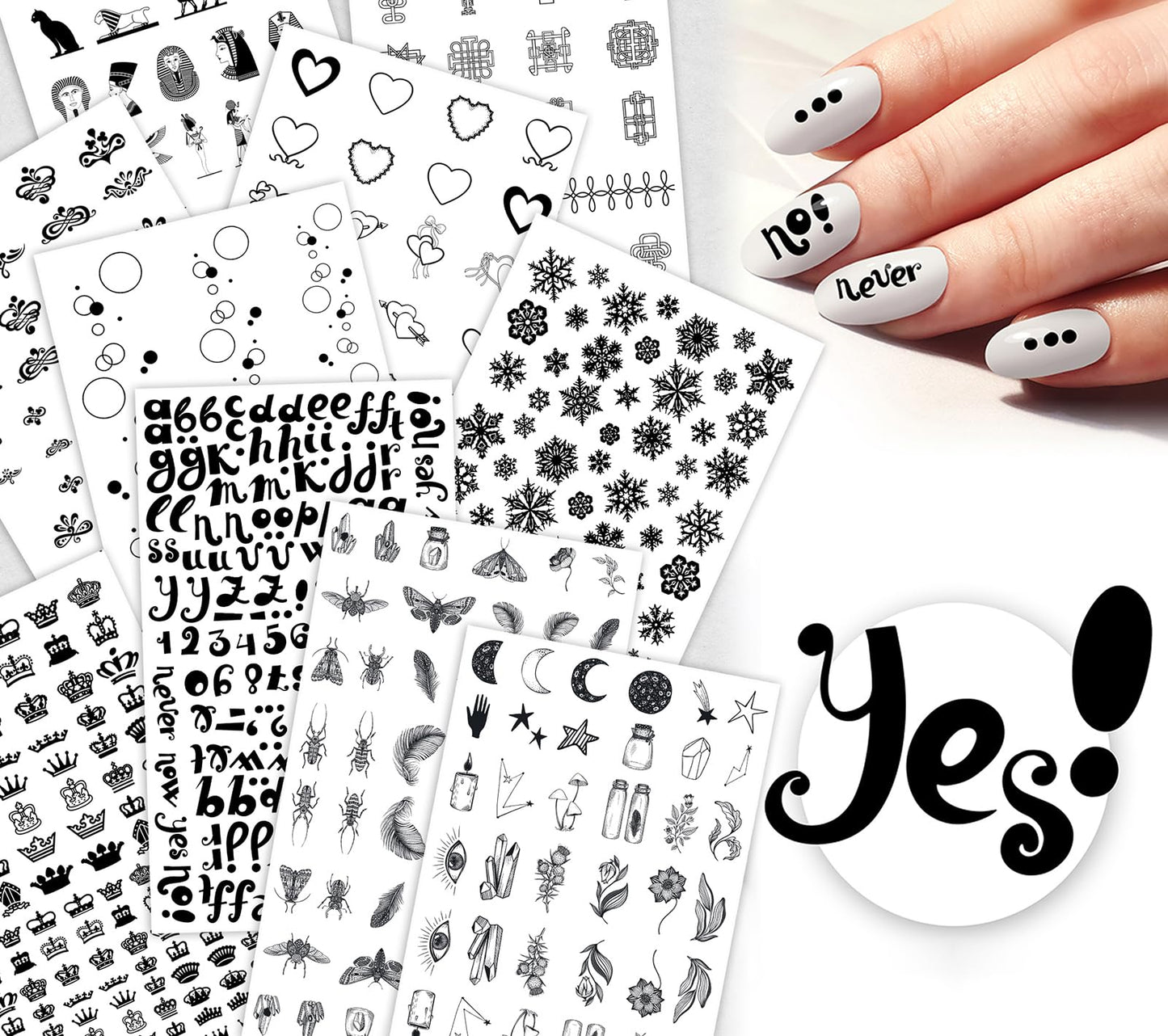 Nail Decals [10 Sheets] White Botanical Nail Stickers Set Delicate Flowers Leaves Feathers Insects Moons Stars fine line Illustrations Elegant Minimal Variety Creating Soft Refined Manicure Styles