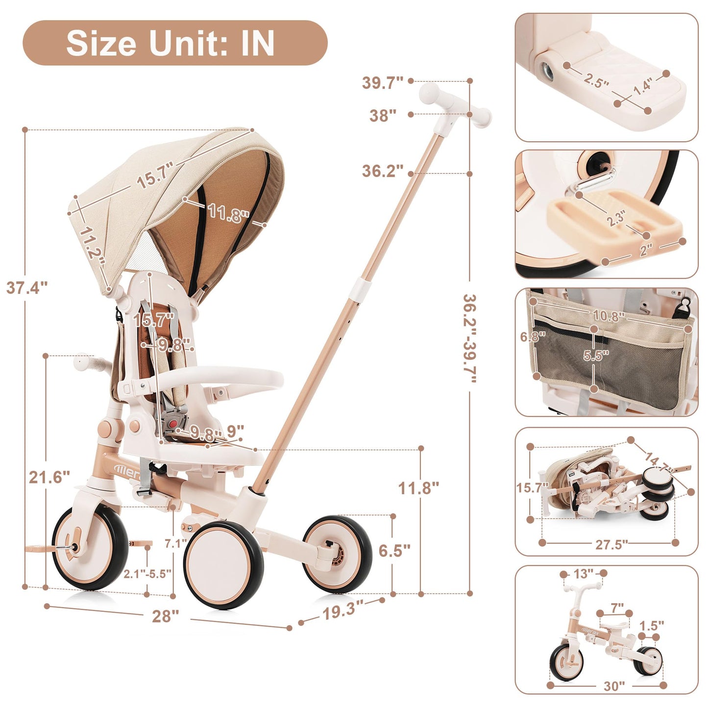 Merax 7-in-1 Toddler Trike Collapsible Frame Kid Rider Tricycle with Removable Pedal Ages 1Y-6Y