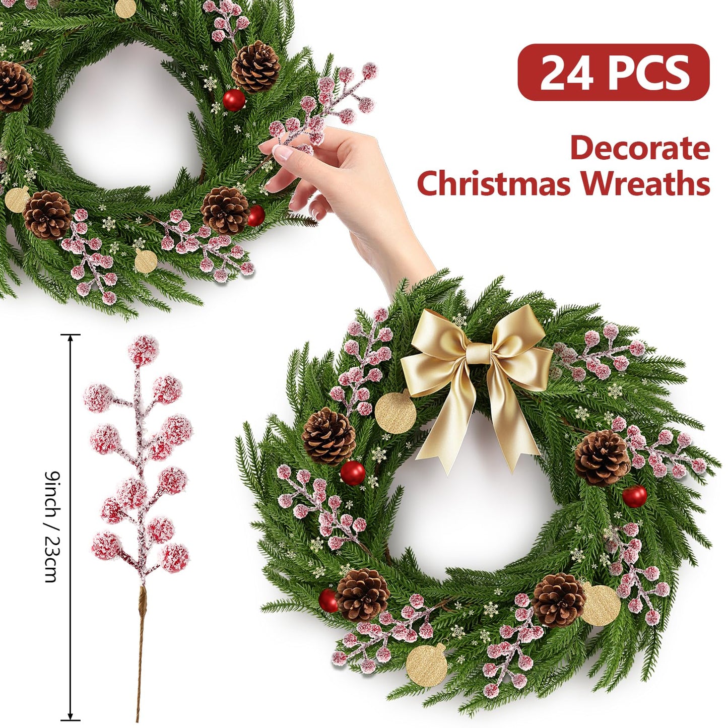 Sherika 24 Pcs Artificial Christmas Snowy Holly Berry Stems 9" Red Frosted Berries Picks and Sprays for Christmas Tree Decorations Ornaments, DIY Craft Wreath Making Supplies Christmas Tree Decor
