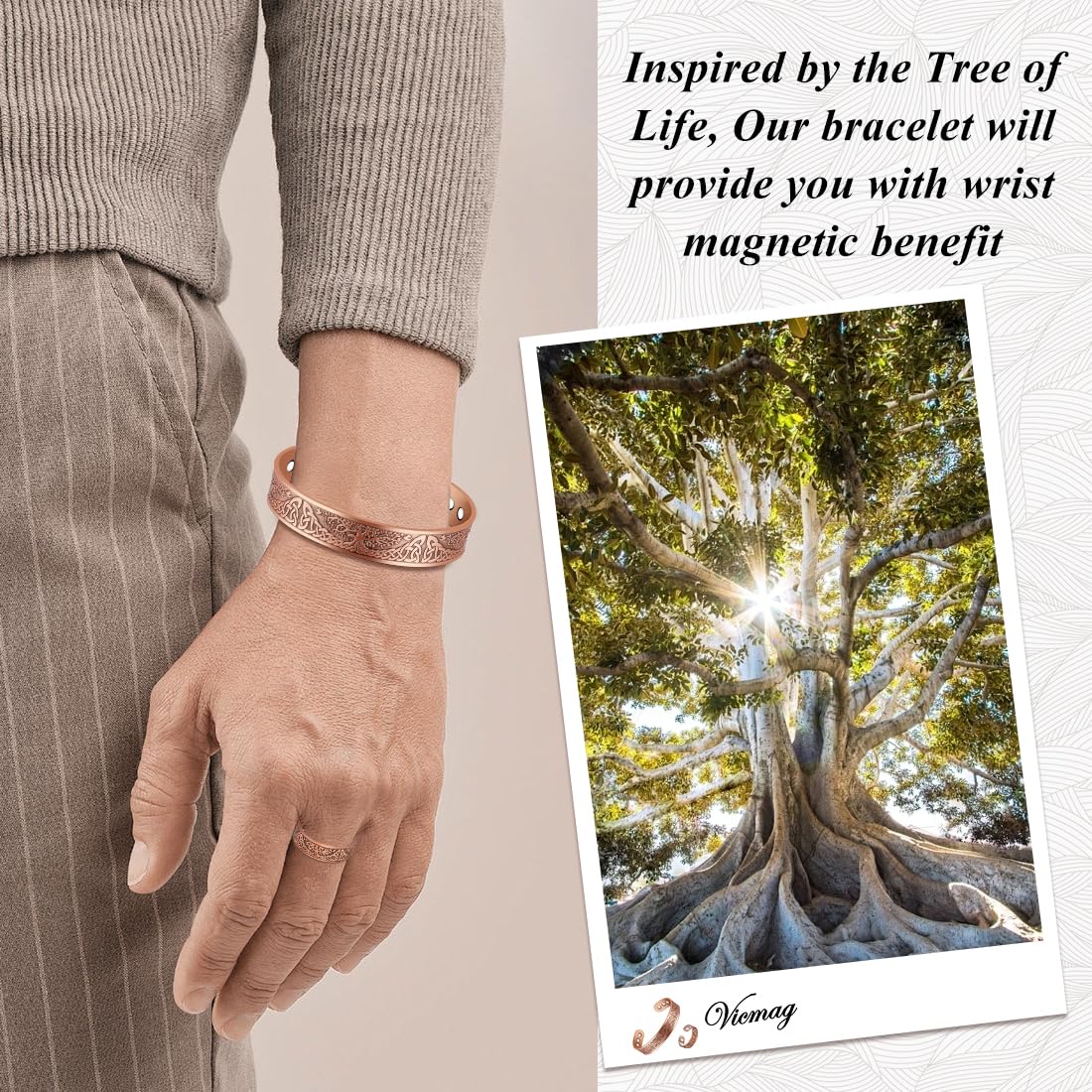Vicmag Copper Magnetic Bracelet for Men Magnetic Bracelets 9X Ultra Strength Magnets Tree of Life Pattern Adjustable 99.9% Solid Pure Copper Present(Tree & Ring)