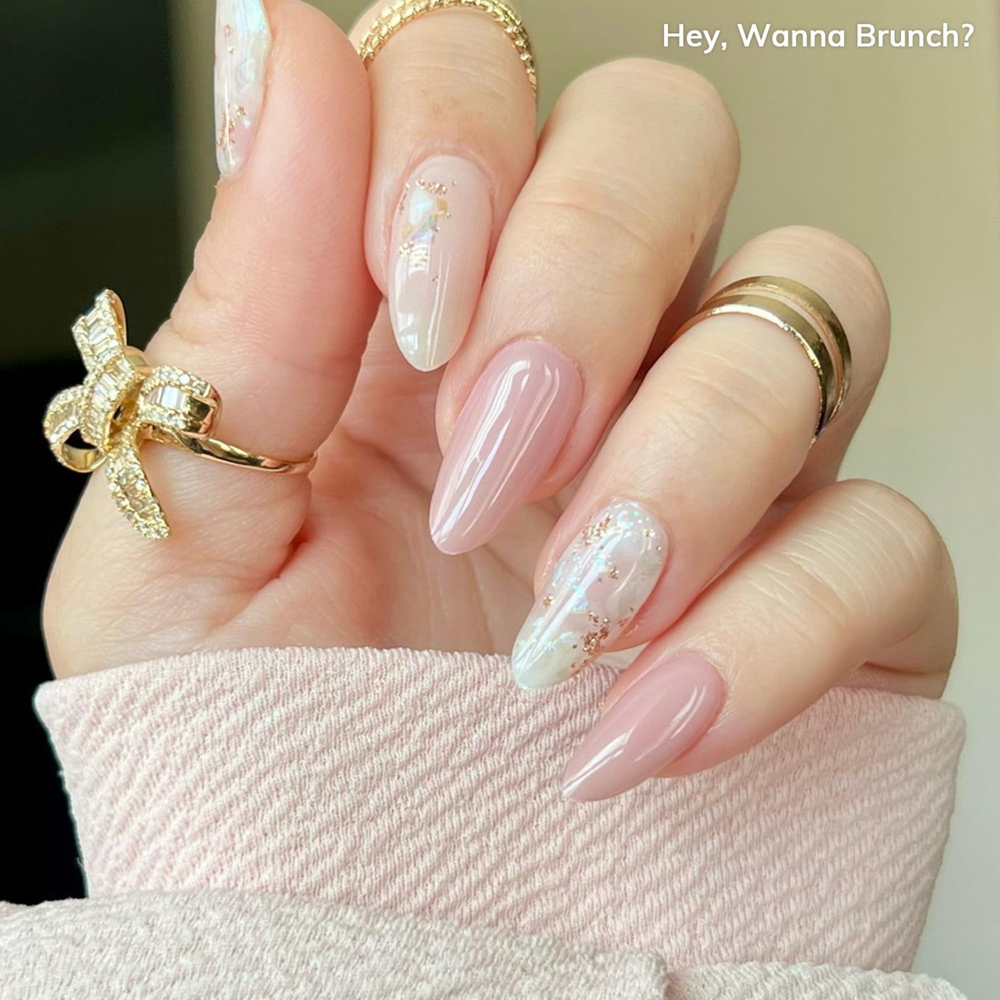 Heyhae Semi Cured Gel Nail Strips | No LED Lamp Needed | Glitter, Pink | Easy Apply & Remove, Salon Quality | Includes 28 Strips, 1 Prep Pads, Nail File & Wooden Stick - Hey, Wanna Brunch?
