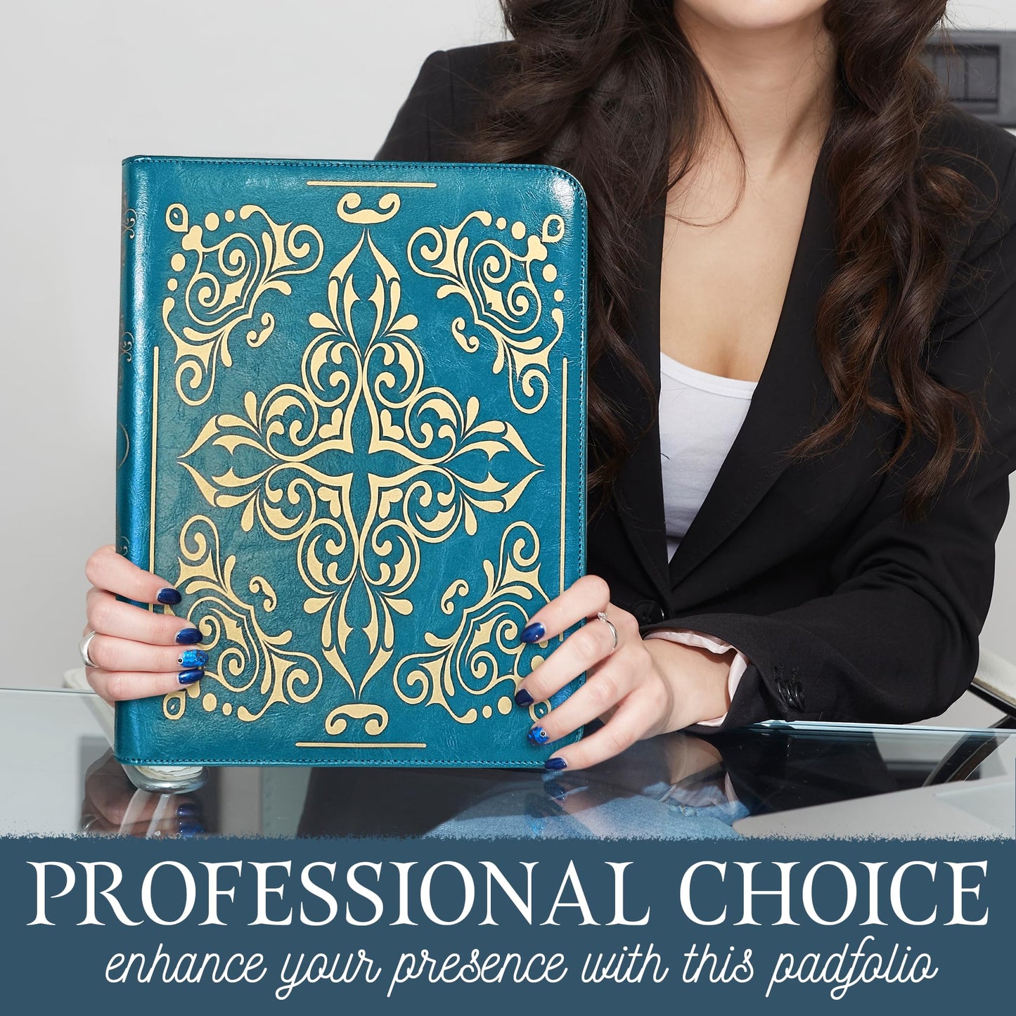 Professional Padfolio for Organized Productivity, Zippered Portfolio, Business Card & Interview Portfolio, Tablet, Laptop, Phone & Folder Holder, Included Pen & Notepad, Antique Teal Binder.