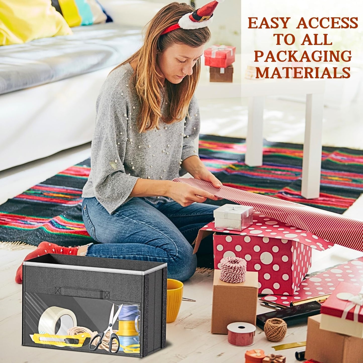 Over Door Wrapping Paper Organizer Storage with 3 Removable Drawers & Side Pockets – Dual Use Design with Elastic Straps – Christmas Gift Wrap Storage for Ribbons, Bows, Ornament and Other Tools 1Pack
