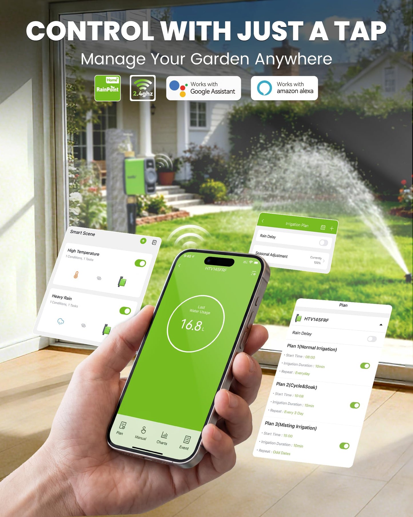 RAINPOINT WiFi Water Timer for Garden Hose, WiFi Sprinkler Controller, Smart Hose Timer Valve, Automatic Drip Irrigation System/Rain Delay for Garden/Lawn/Yard (Brass Inlet & Outlet, WiFi Gateway)