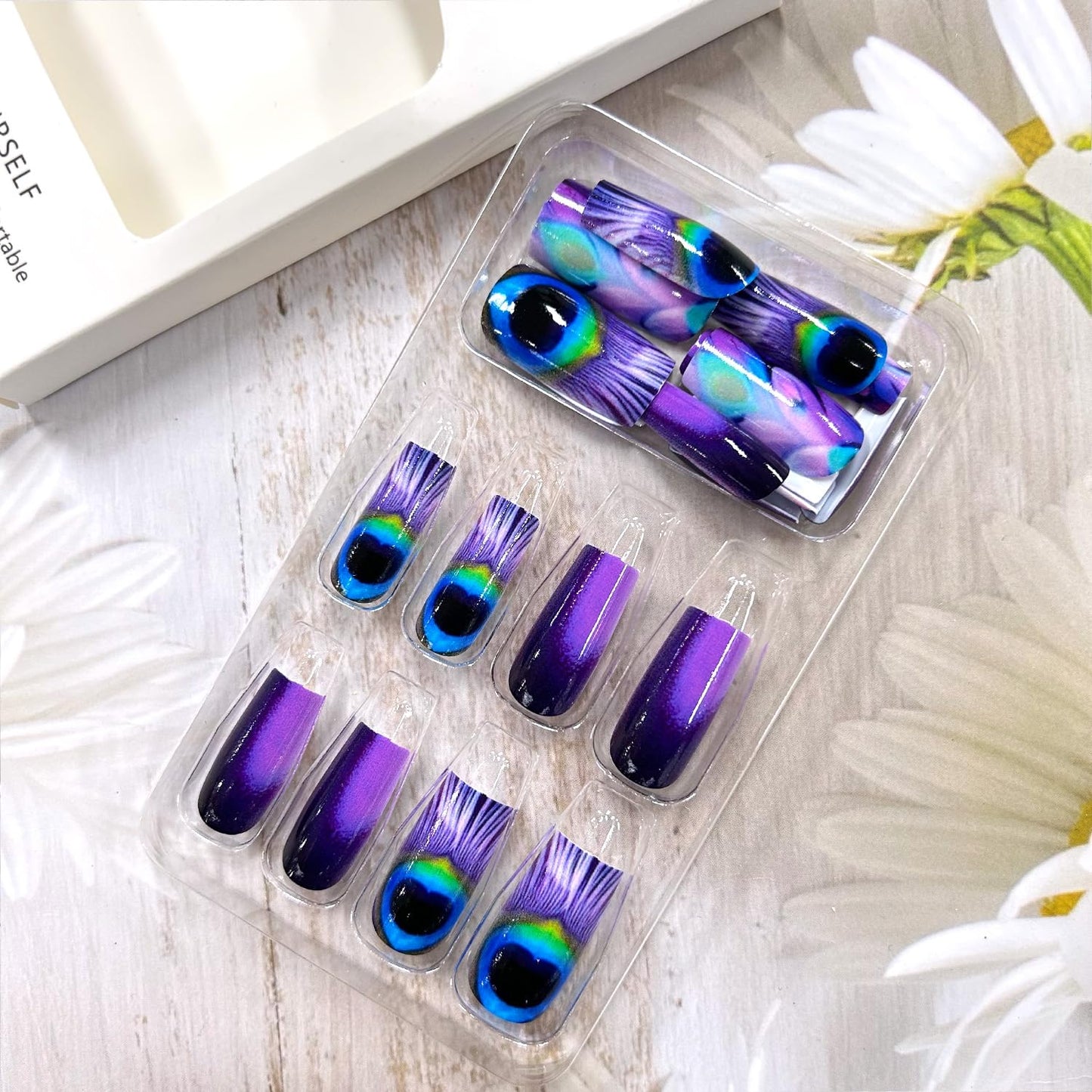 CJDLTS 24Pcs Purple Peacock Feather Pattern Design Acrylic Ballet Shaped Glitter Nails, Full Cover Coffin Nails, Glossy, Press On Nails, Medium Length, 1 Box, 24 Pieces