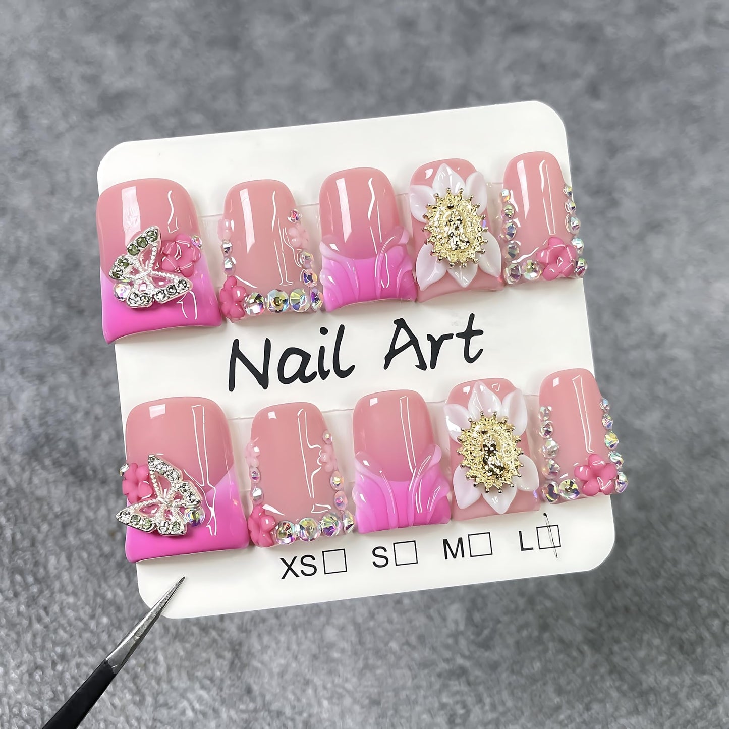 Handmade Press on Nails Short Duck Pink French Tip with 3D Design Fake Nail Art for Women S