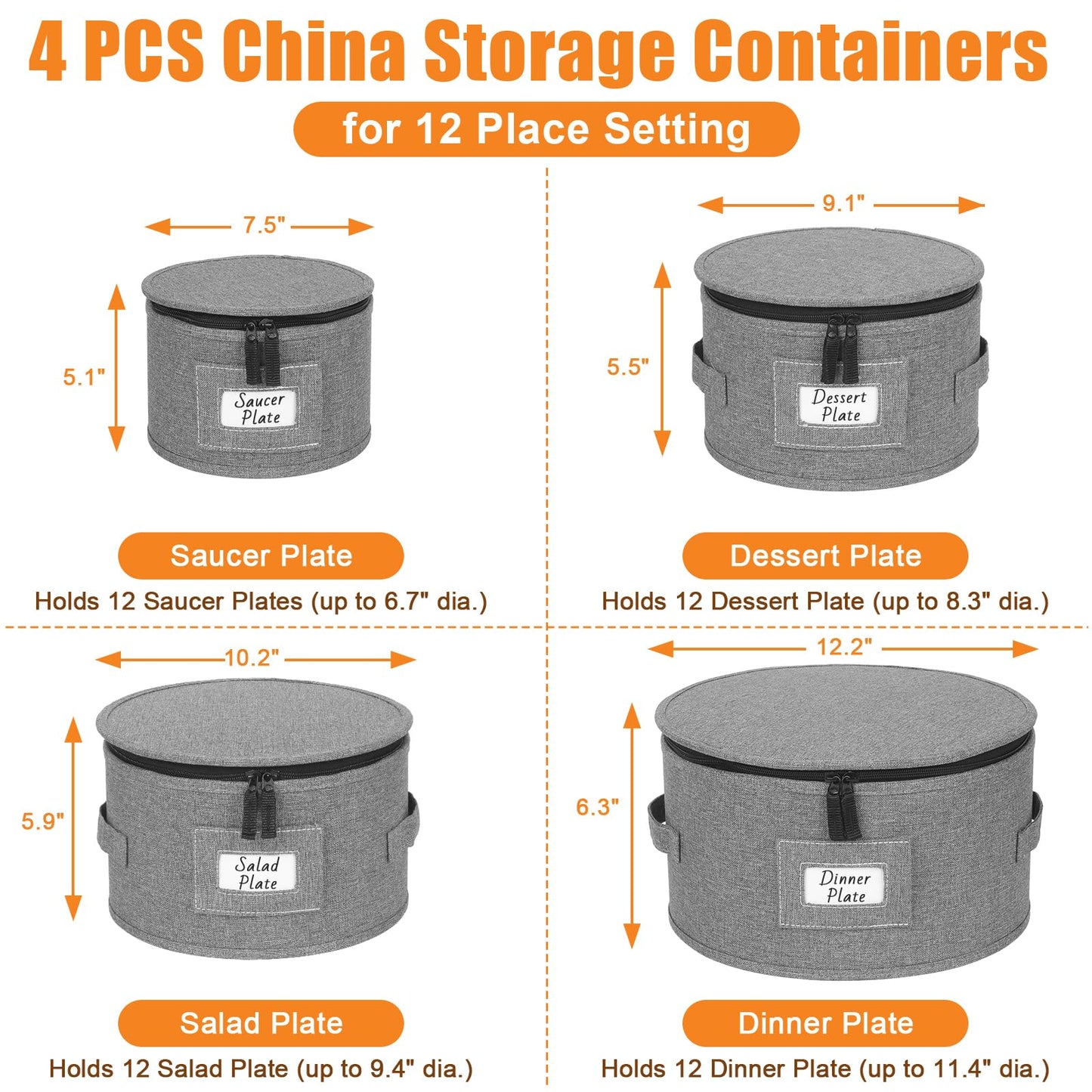 Kukikan China Storage Containers, 4 Pack Hard Shell Moving Boxes, Dish Storage Containers with Felt Dividers for Charger Plates Dinnerware, Stackable Cases for 12 Place Setting Up to 11.4" Dia.