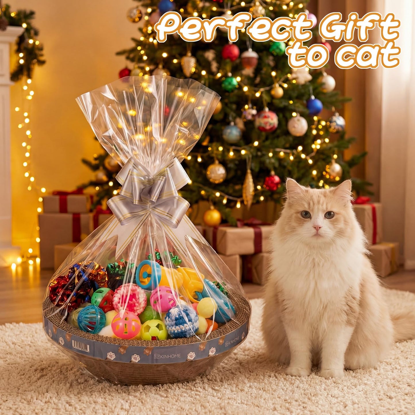 Zopeal 64 Pcs Easter Cat Toy Gift Set Magic Cat Scratcher Board Ball Launcher Gun Crinkle and Yarn and Plastic Bell Ball Kitten Toy with Bow for Pet Interactive Engaging Gift(Bowl Shape)