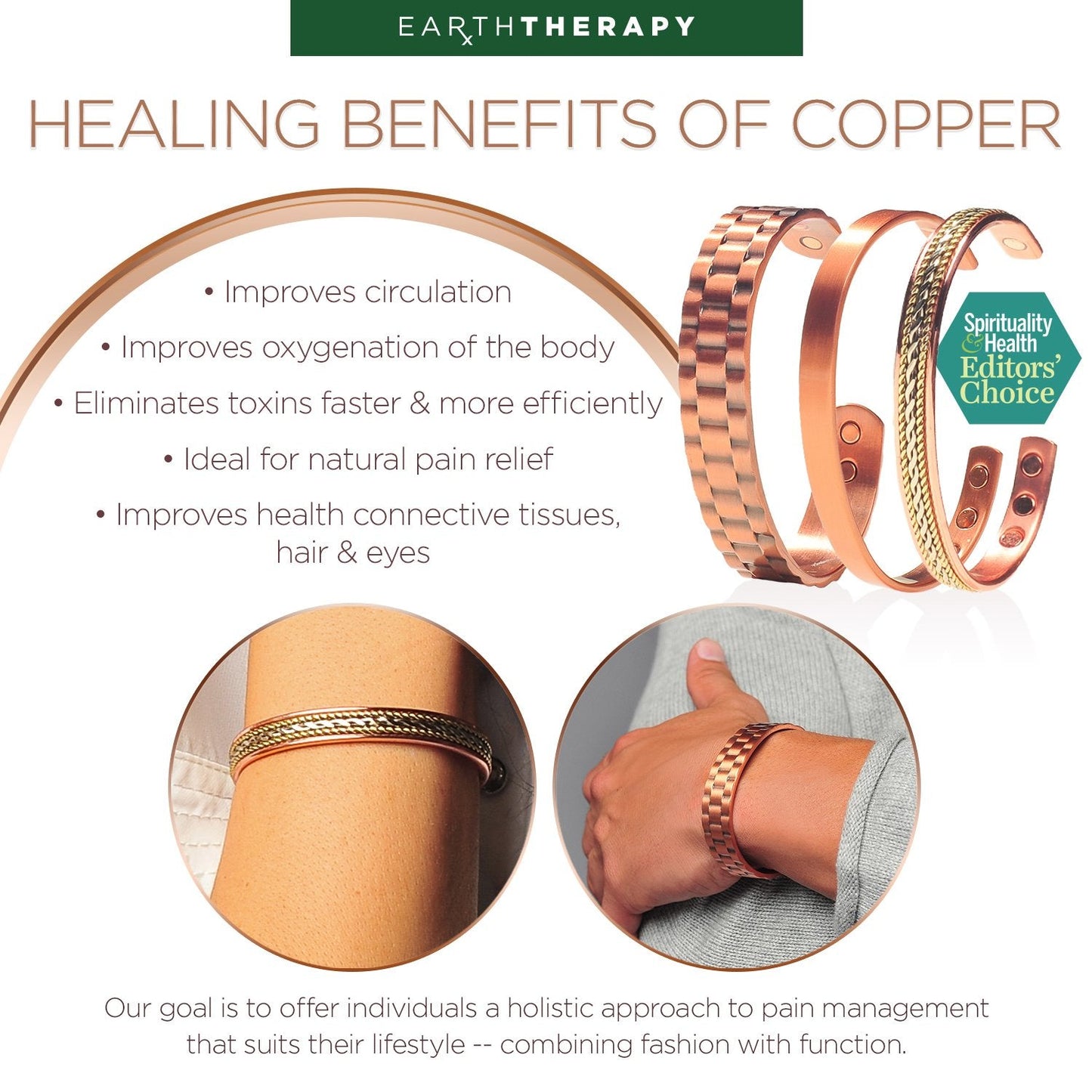 Earth Therapy Rope Inlay & Braided Silver Style Copper Cuff Bracelets with Ultra Strength Magnets - Unisex - Adjustable