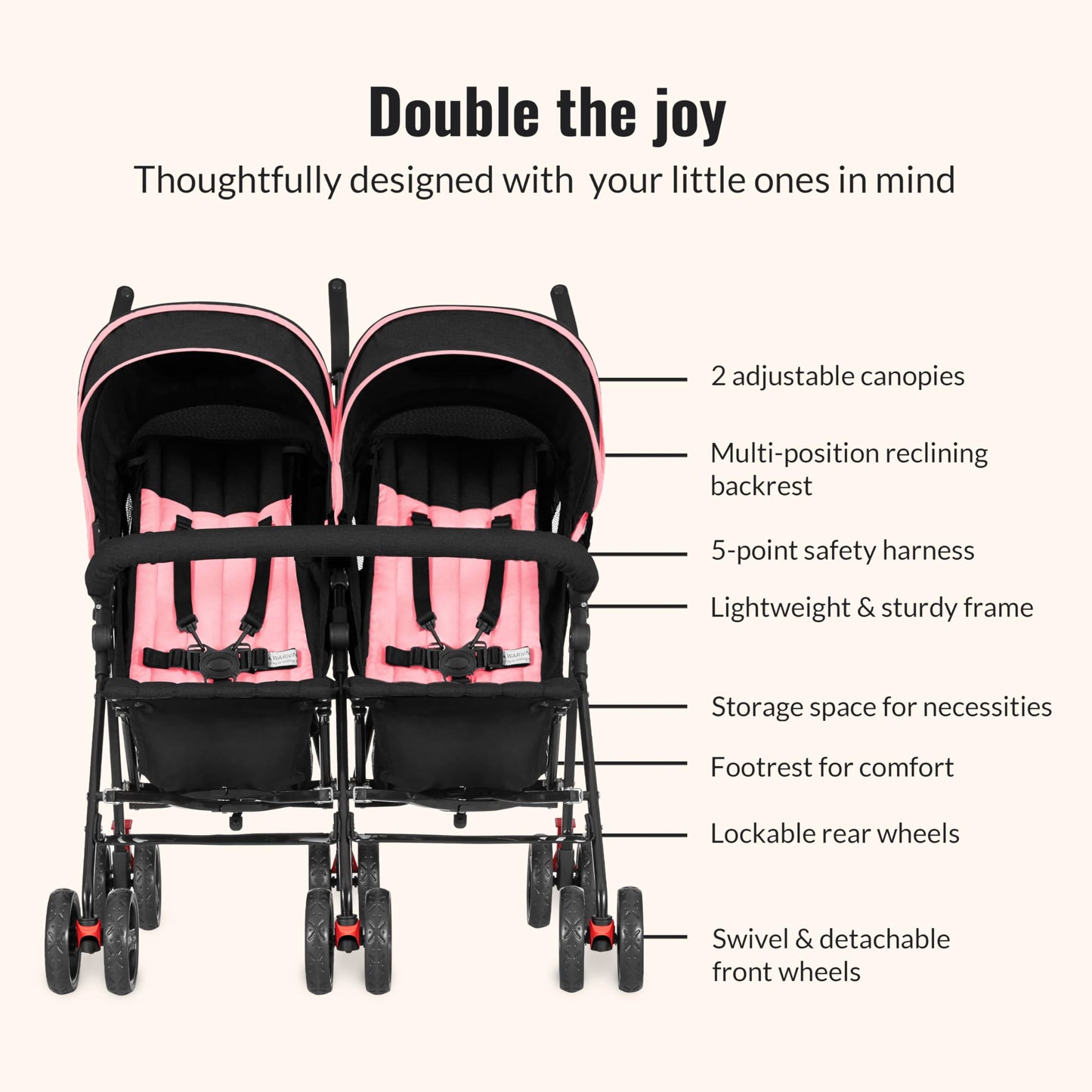 Dream On Me Volgo Twin Baby Stroller, Lightweight Side-by-Side Double Umbrella Stroller with Adjustable Canopy, 5-Point Harness, Storage Basket & Travel-Friendly Fold – Pink