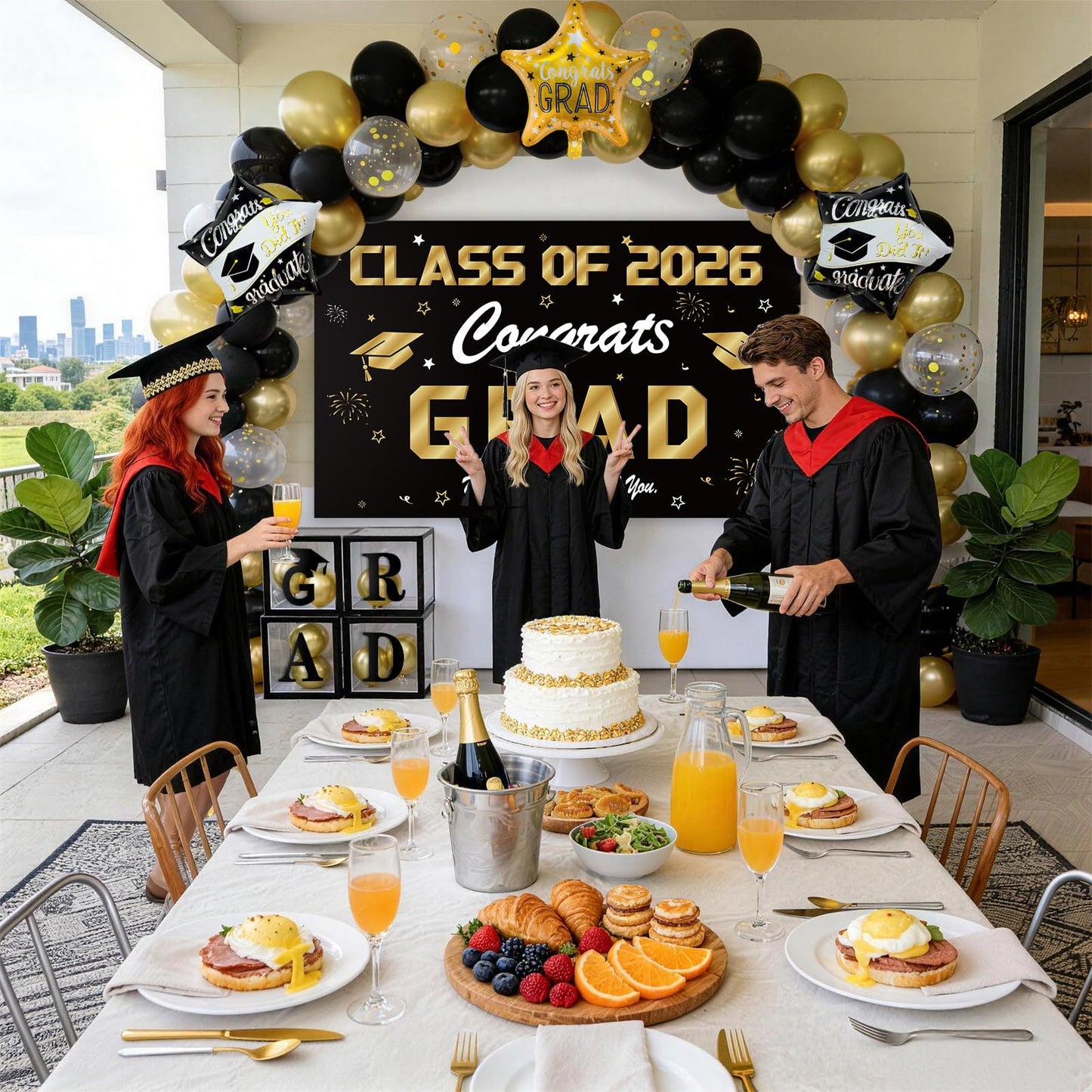 Black and Gold Graduation Decorations 2026, 138 Pcs Graduation Balloon Arch Kit with 4 Grad Boxes, 2026 Graduation Backdrop, Foil Balloons & Congrats Grad Party Decor