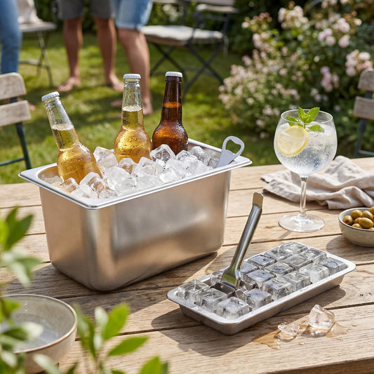 Baderke Stainless Steel Ice Cube Tray Ice Bucket 18 Slot Heavy Duty Metal Icecube Mold Wine Beer Champagne Bucket Container for Bars Parties Picnics