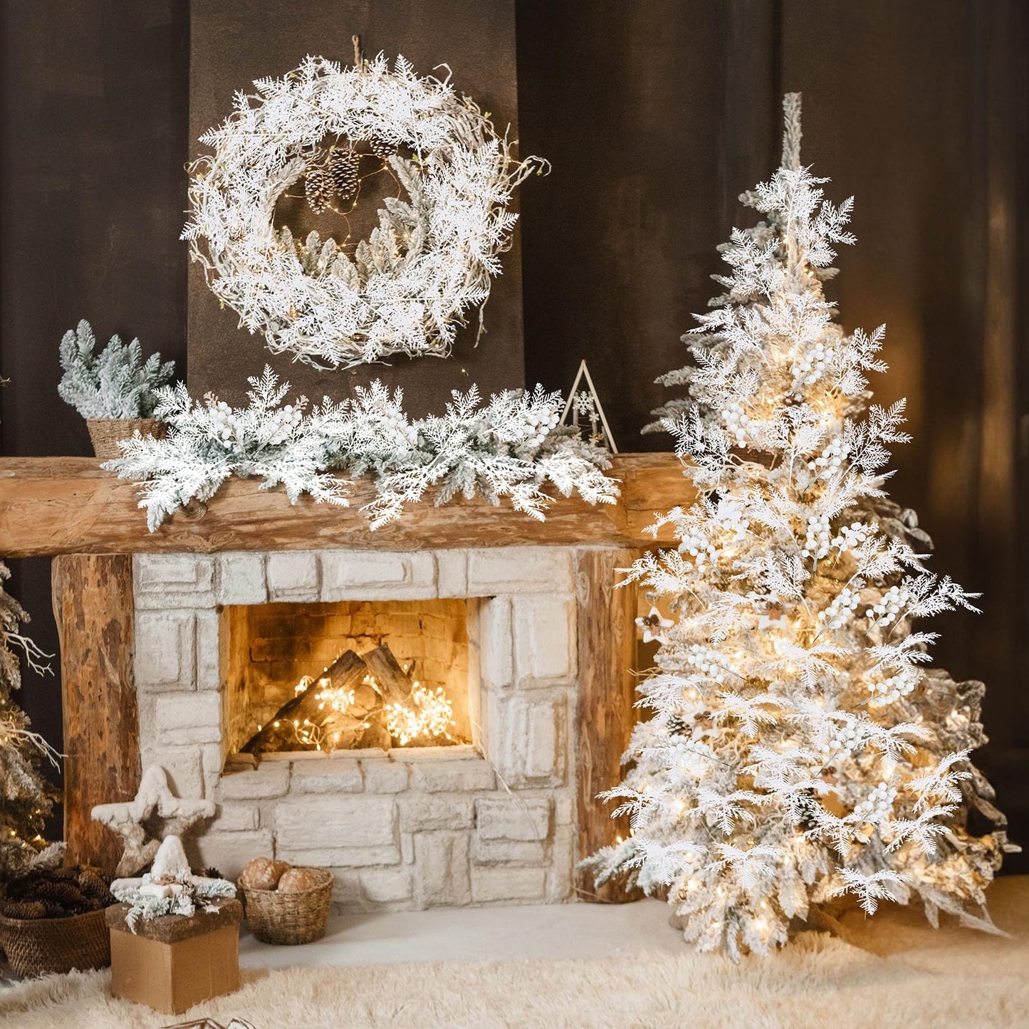 Cindeer 80 Pcs White Christmas Glitter Berries Stems Pine Needles Christmas Artificial Picks Fake Floral Twig Spray for Xmas Tree Ornaments DIY Wreath Garland Decorations