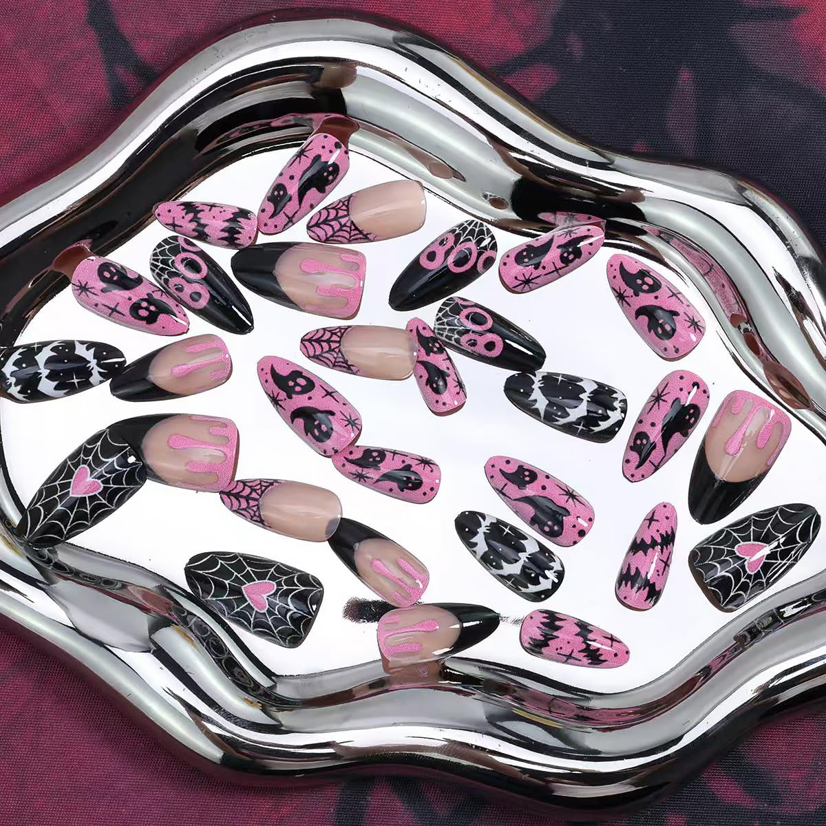 30Pcs Halloween Press on Nails Medium Almond French Tip Fake Nails with Black Ghost Bat Spider Web Design Glossy False Nails Full Cover Artificial Glue on Nails Pink Heart Stick on Nail for Women DIY