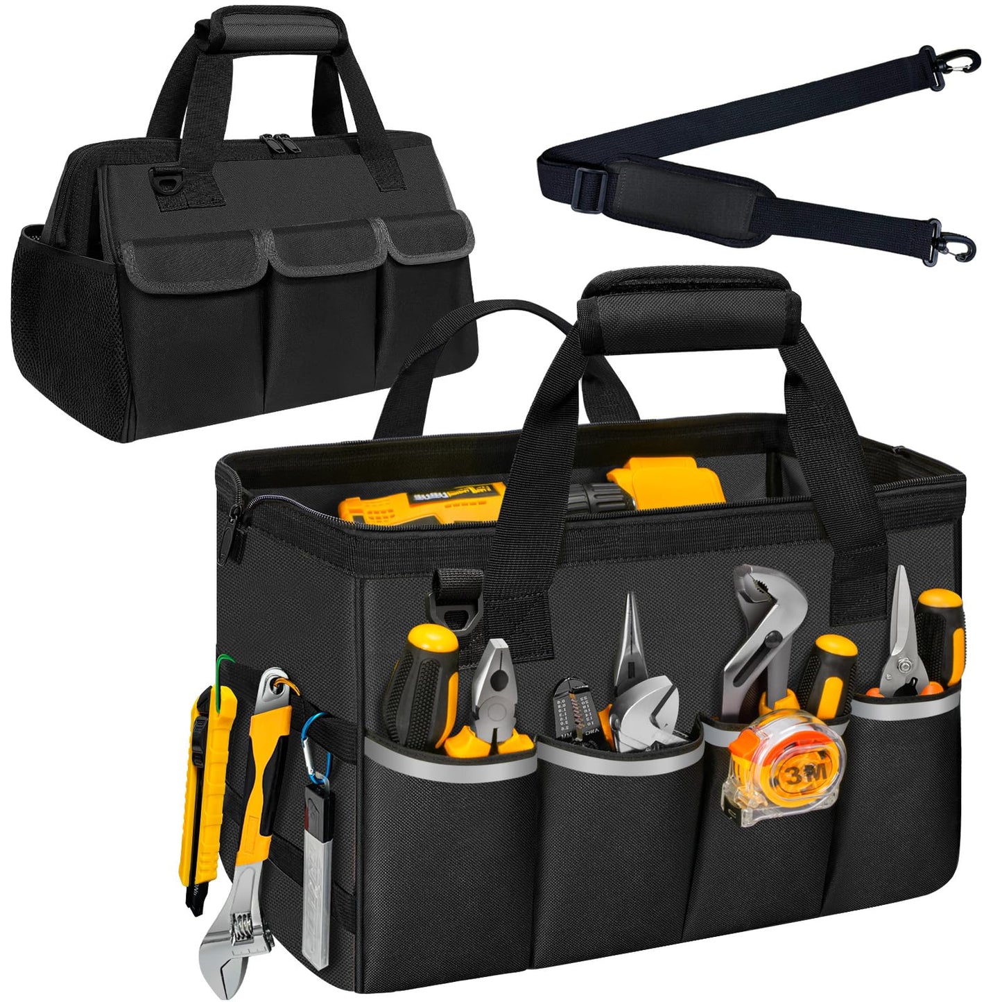 NECKORY Tool Bag, Portable Tool Box Organizer Adjustable Shoulder Strap, Carry Tool Tote Heavy Duty Tool Storage Bag With Wide Mouth,Tool Bags for Men Mechanic EngineerGift - M, Black