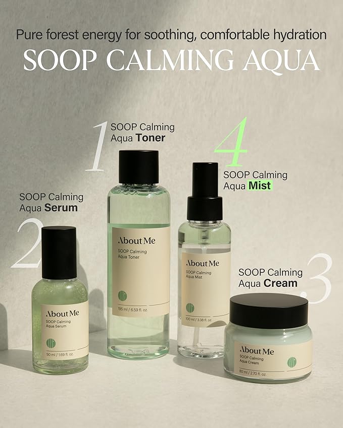 About Me SOOP Calming Aqua Mist – Korean 80.4% Jeju Cypress Water 2-Layer Face Spray for All Skin Types – Daily pH Balancing Mist with Centella & Tea Tree – Korean Skin Care – 4.23oz, 125ml