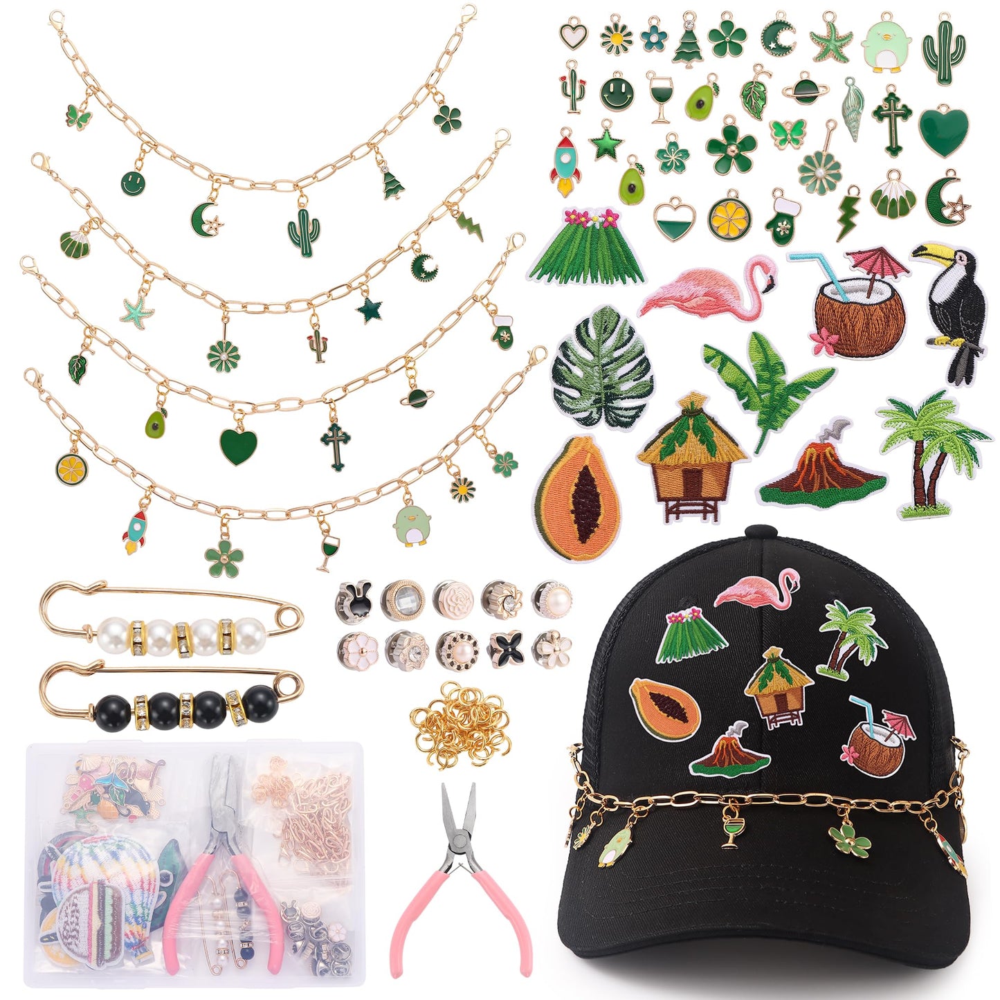 Quorineo Trucker Hat Chains & Embroidered Iron On Patches Kit - 97PCS DIY Decorative Set with Metal Charms for Custom Hats (Women Teens Men) Green Series