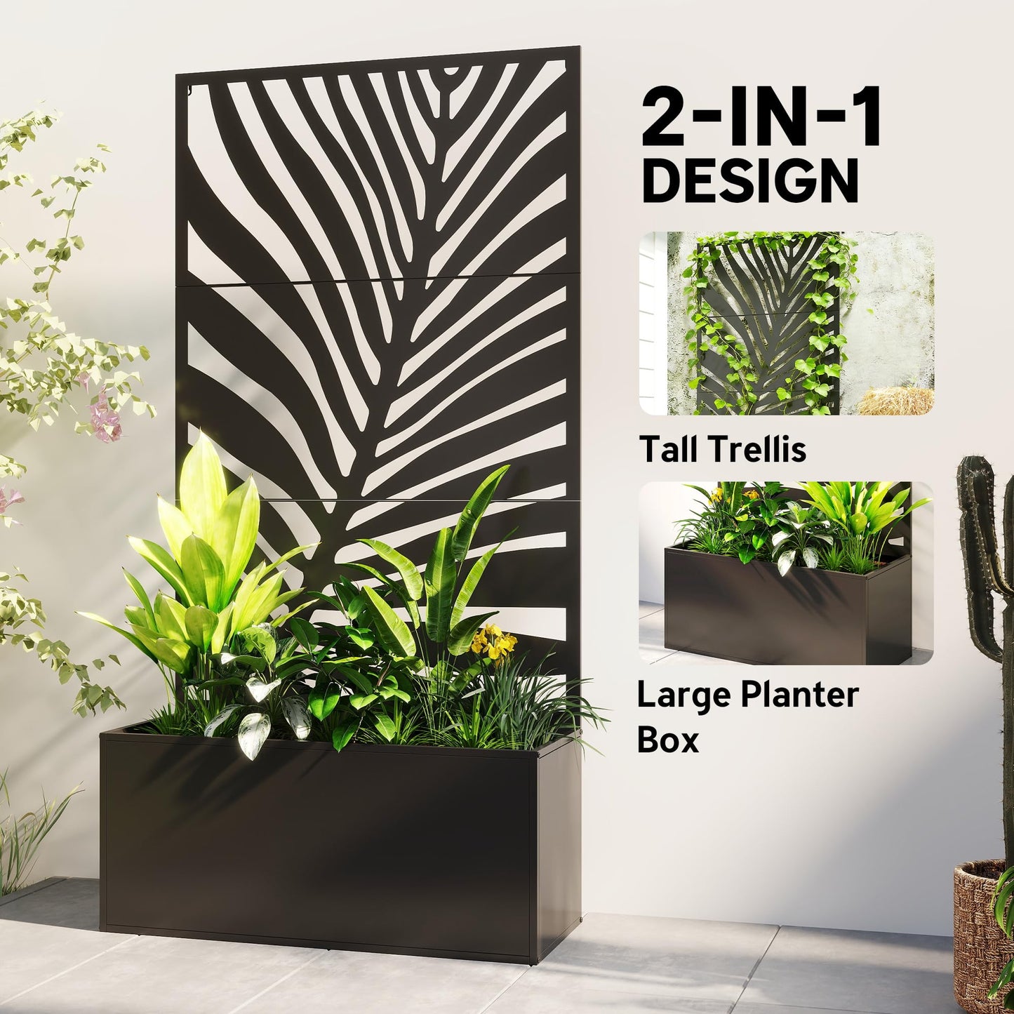 Outsunny Metal Planter Box with Trellis, 71" Tall Raised Garden Bed with Trellis Privacy Screen for Climbing Plants, Large Leaf Cut-Out Privacy Planter for Garden, Patio, Balcony