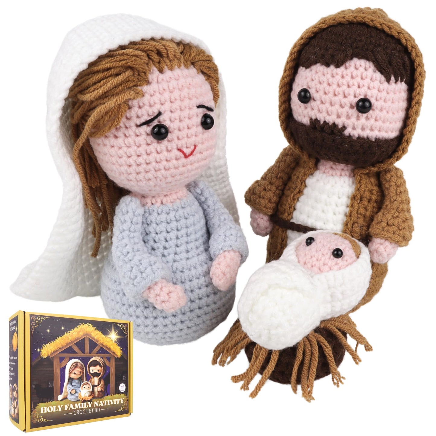 Mad Mags Holy Family Nativity Crochet Kit, Starter Kit with Step-by-Step Video Tutorials, DIY Knitting Supplies, Everything Included