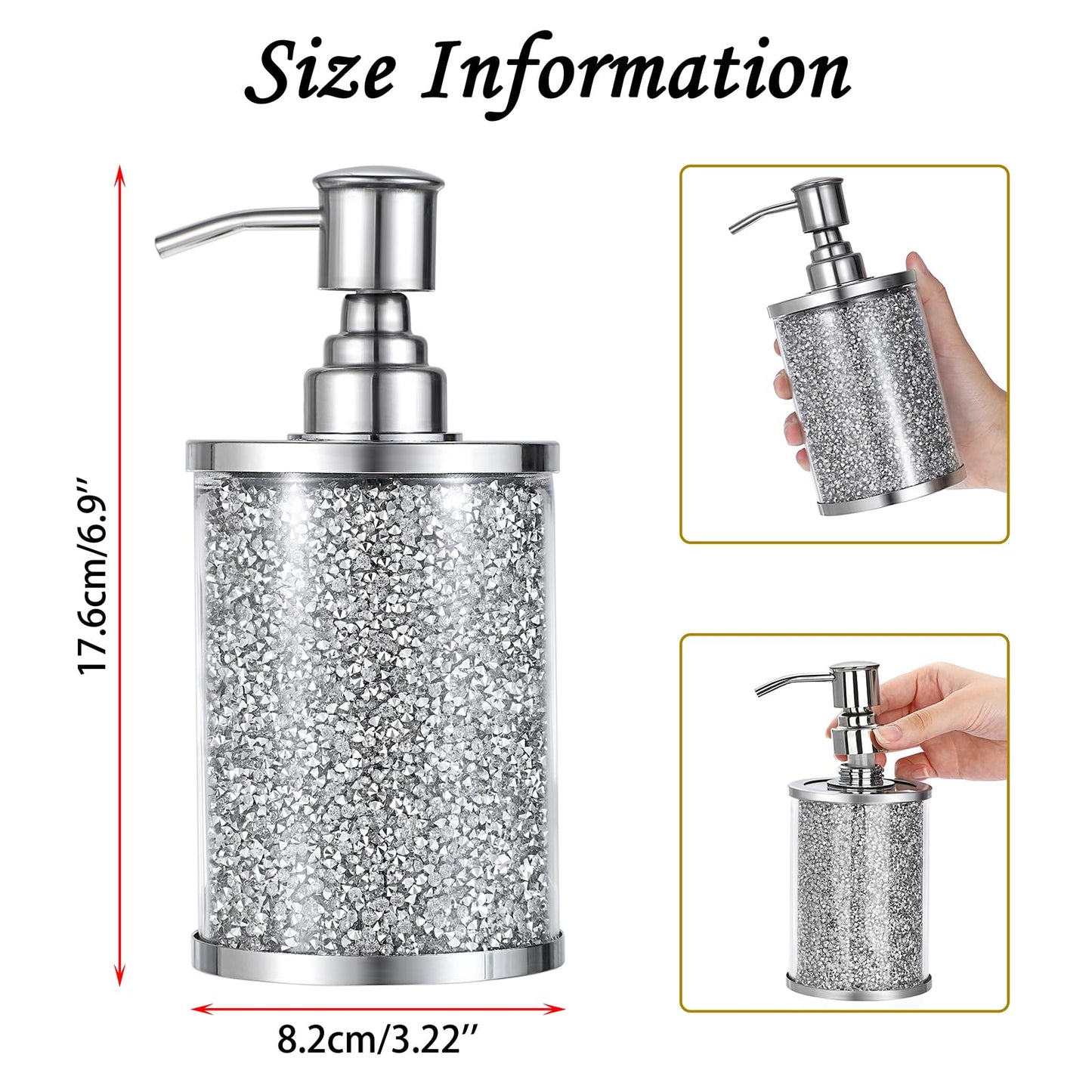 Sumnacon Soap Dispenser Bathroom Sparkling Hand Dispenser with Stainless Pump,Silver Crushed Diamond Dish Soap Dispenser for Kitchen Decorative Soap Dispensers for Kichen Sink Bathroom Countertop