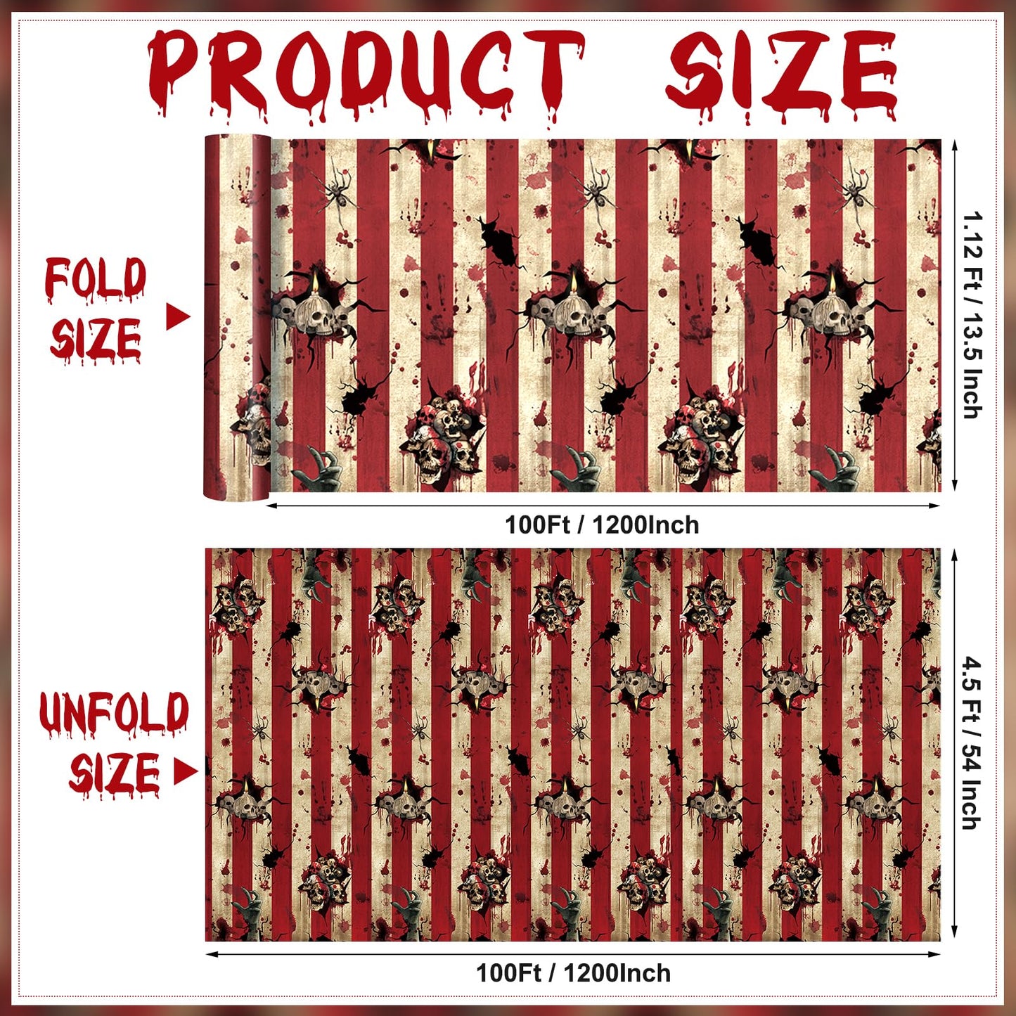 100 Ft Creepy Carnival Wallpaper, Rolls of Evil Circus Backdrop & Skull Wall Background for Haunted House Decorations