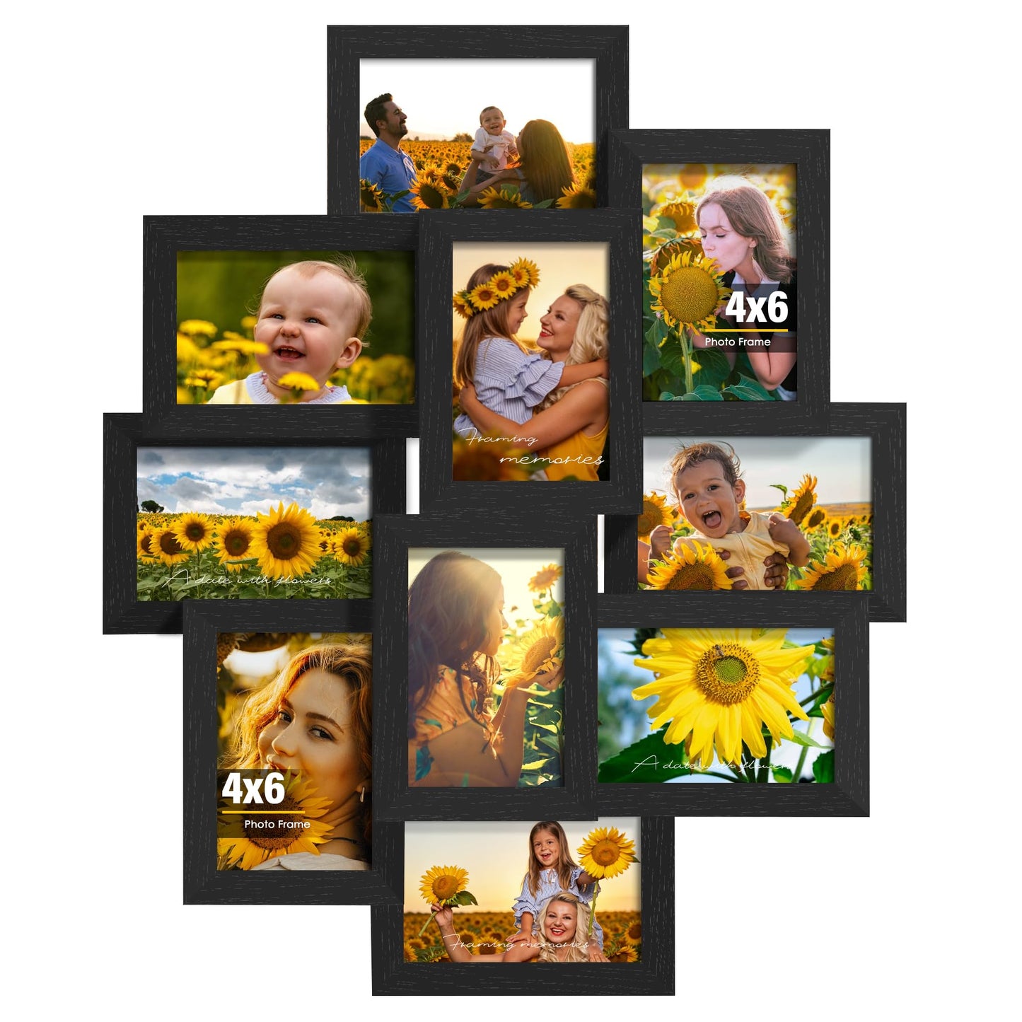 DUENPY 4x6 Picture Frame Collage, 10-Pack Picture Frames Collage Wall Decor, Set with Glass Front, Assembly Required, Black