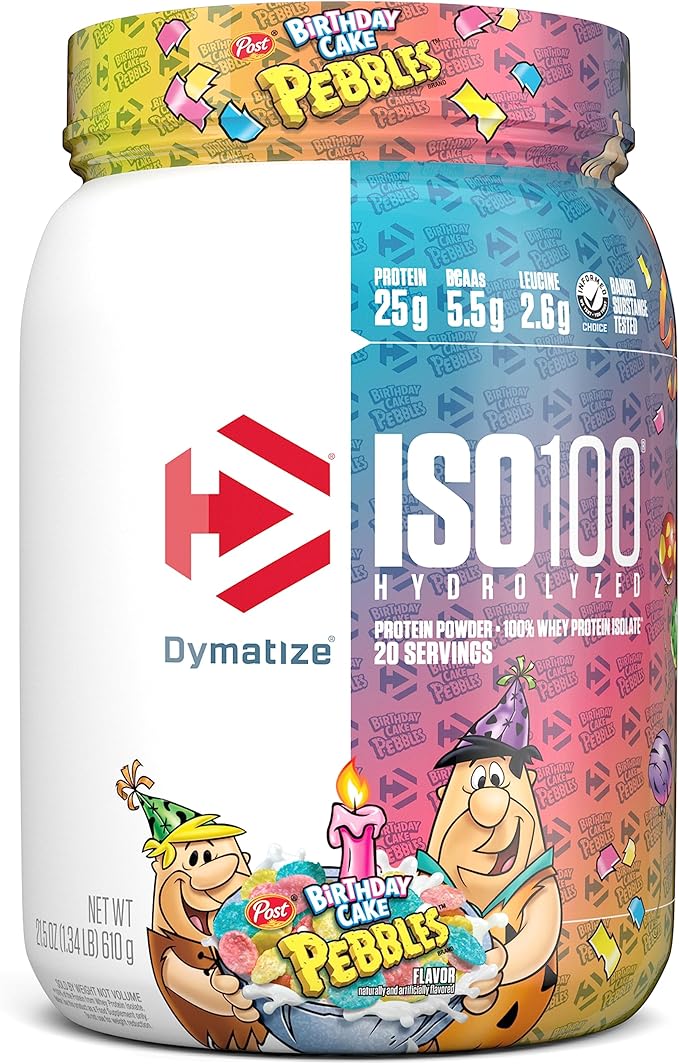 Dymatize x Birthday Cake Pebbles ISO100 Whey Protein Powder Isolate, 25g of Protein, 20 Servings, 5.5g BCAAs, 120 Cal., Gluten Free, 1g Fat, 1g Sugar, 2g Carb