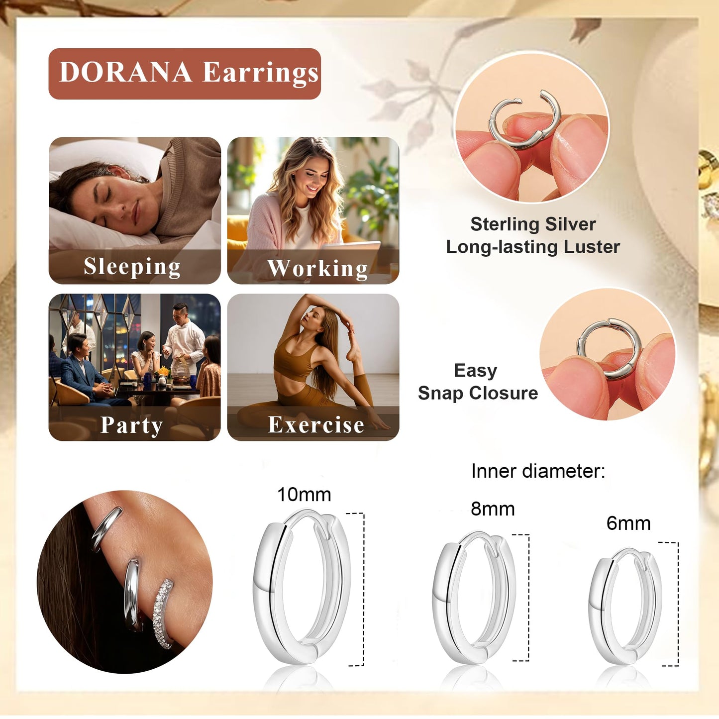 DORANA 3 Pairs 925 Sterling Silver Earrings for Women Non Tarnish Small Huggie Hoop Earrings Hypoallergenic Cartilage Hoops Stackable Earring Silver Stacks Sets for Multiple Piercing