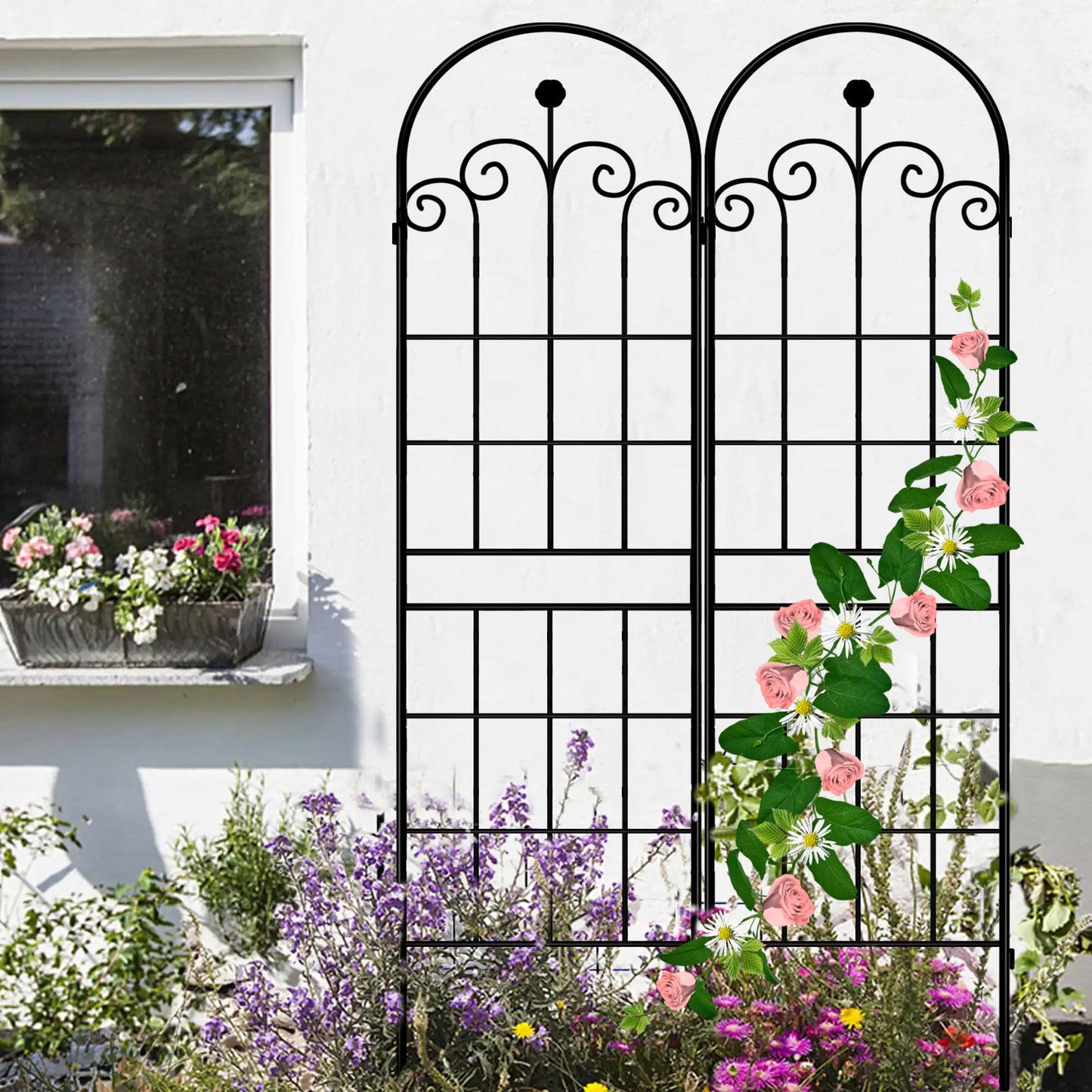 LZRS 2 Pack 71x20in Rustic Iron Arch Decoration Garden Trellis with Black Metal Coating – Perfect for Supporting Climbing Plants Outdoor, Roses, Vines, Flowers, and Vegetables.