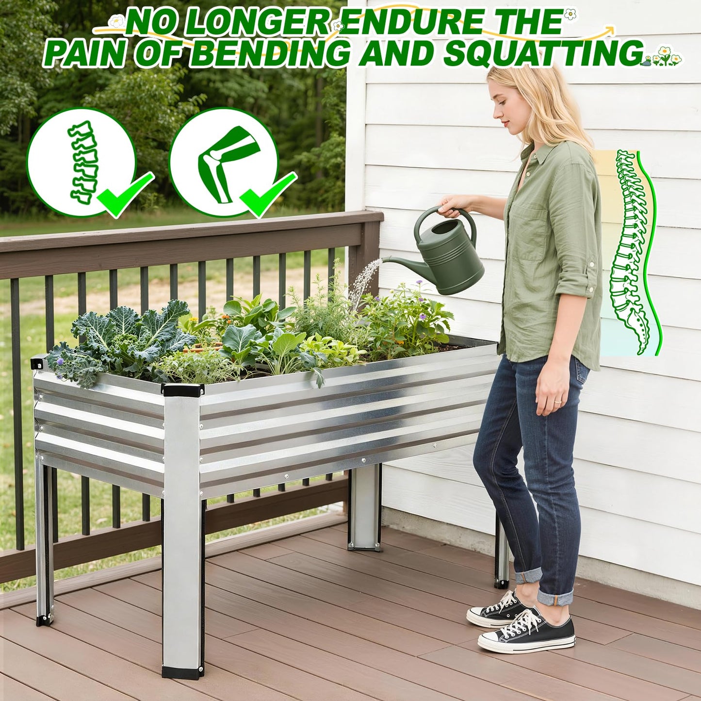 Galvanized Raised Garden Bed with Legs, 48x24x32in Elevated Raised Garden Bed Outdoor with Drainage Holes, Planter Boxes for Gardening Vegetable Flower Fruit in Backyard, Patio, Balcony (Silver)