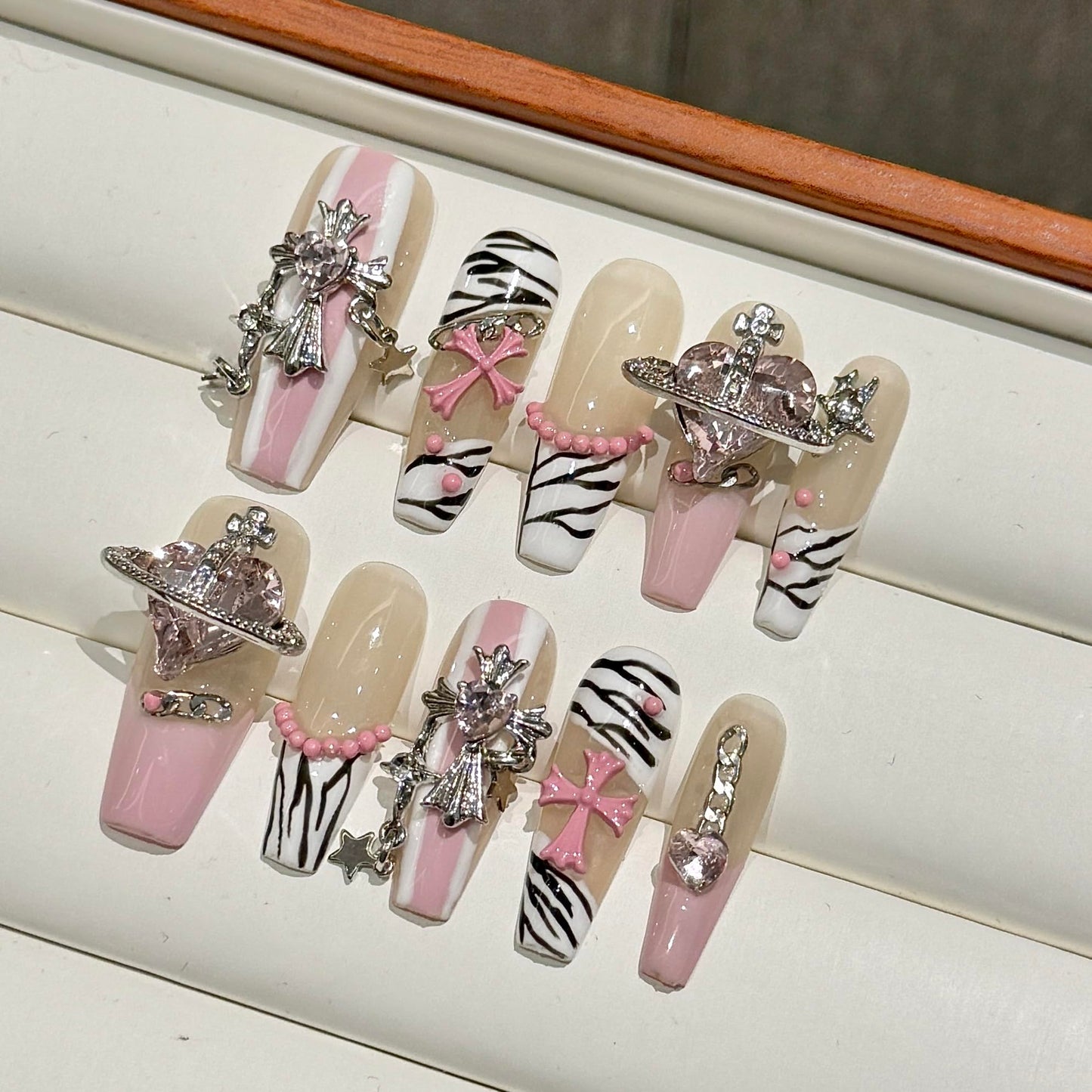 NLSJMP 3D handmade Gel nails press on false nails long square pink white, big heart rhinestone cross star cute acrylic Reusable fake nails designed kit,10 Nails Size S #95