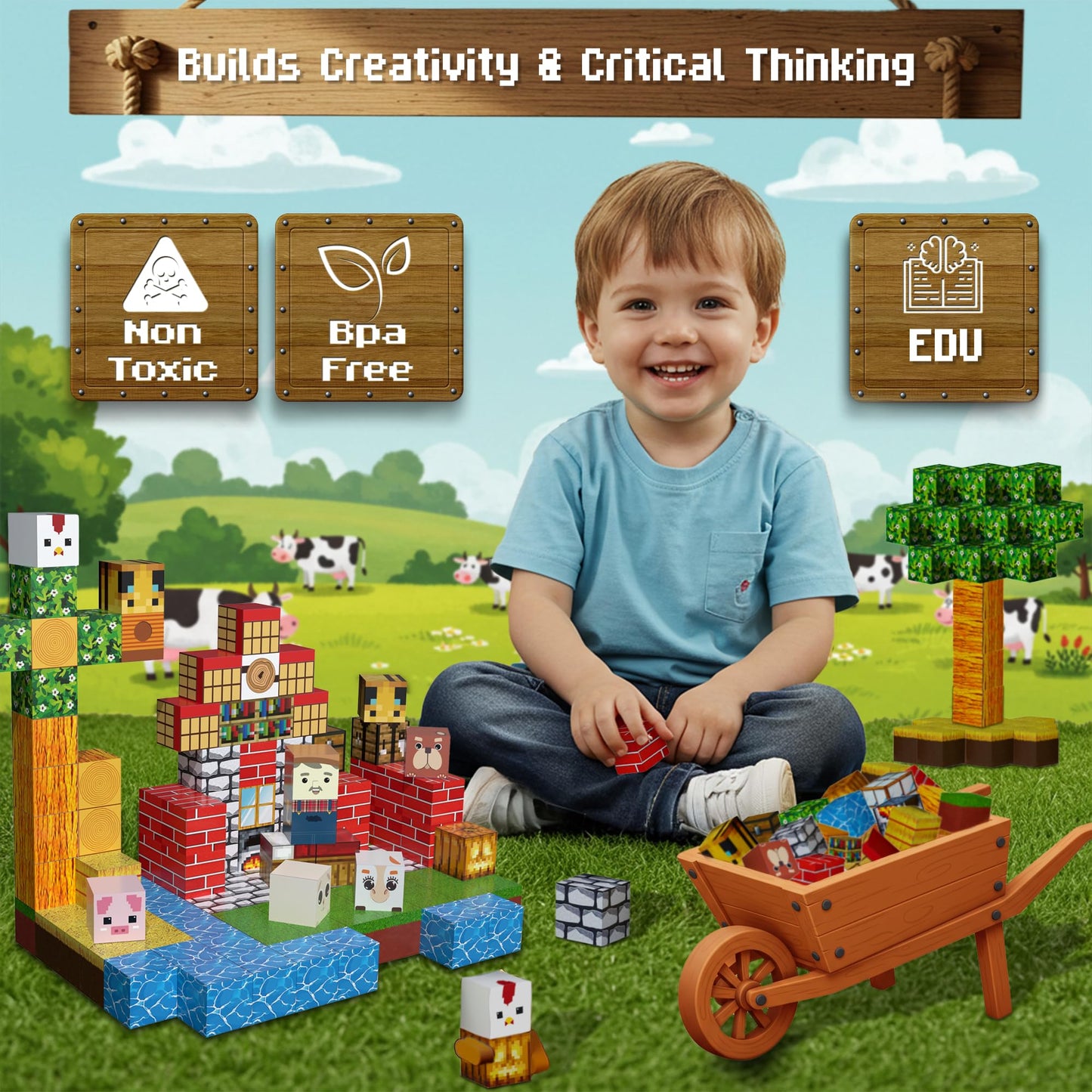 ClickCubz Farm-Themed Magnetic Blocks – 150PCS STEM Toy Gift for Kids Age 3+ w/Storage Box, BPA-Free, Stackable Strong Magnets