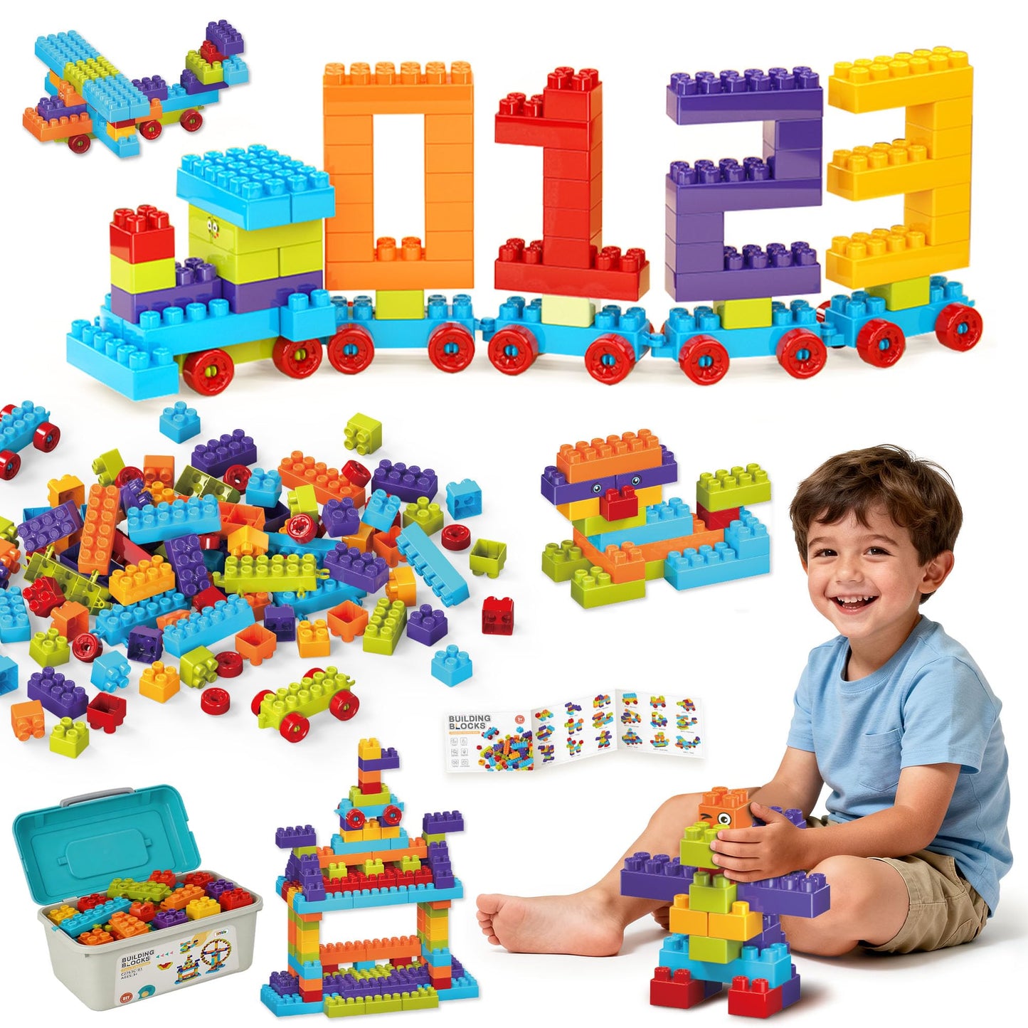 DIYBee 200 Pcs Building Blocks for Toddlers 1-3 & Up – STEM Toy Building Set with Storage Box, Mega Interlocking Building Blocks for Kids Boys & Girls, 20+ Creative Builds Educational Toy