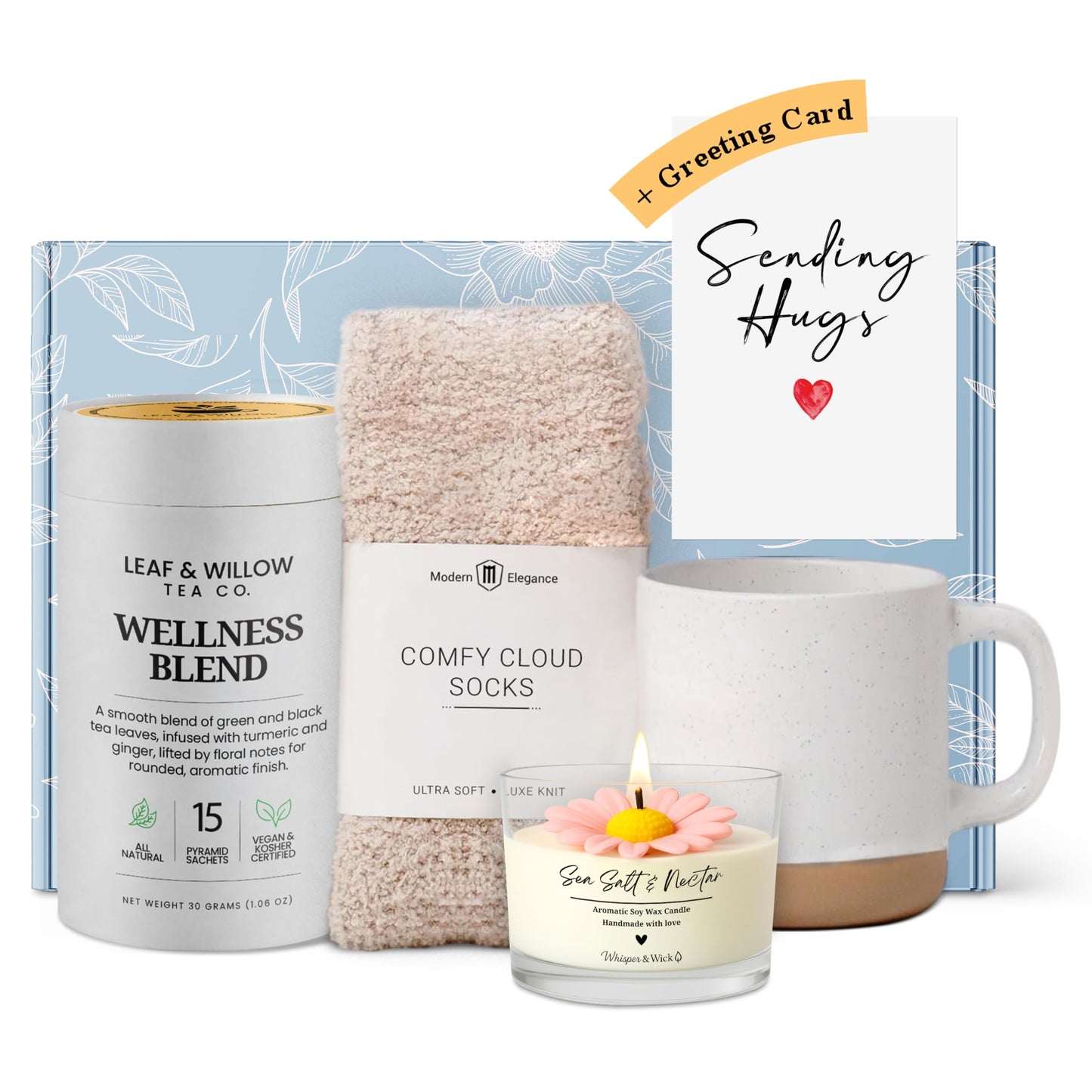 Wellness Tea Care Package for Women – Relaxation & Self-Care Gift Box with Cozy Cloud Socks, Ceramic Mug, Hand-Poured Candle & Sending Hugs Card (Wellness Blend)