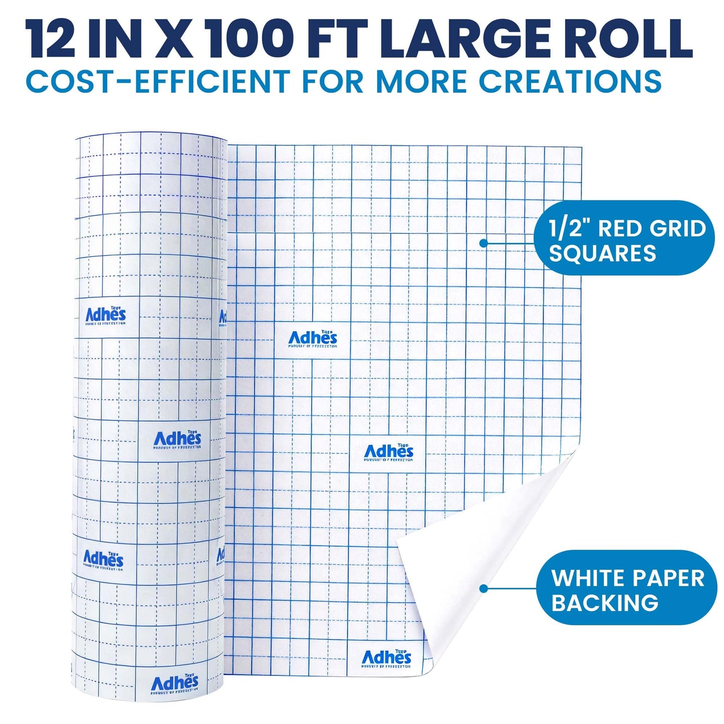 ADHES Clear Transfer Tape for Vinyl with Grid, 12" x 100FT, Medium Tack Transfer Paper Roll, Easy Release Application Tape for Cricut, Silhouette, Decals, Signs & DIY Projects