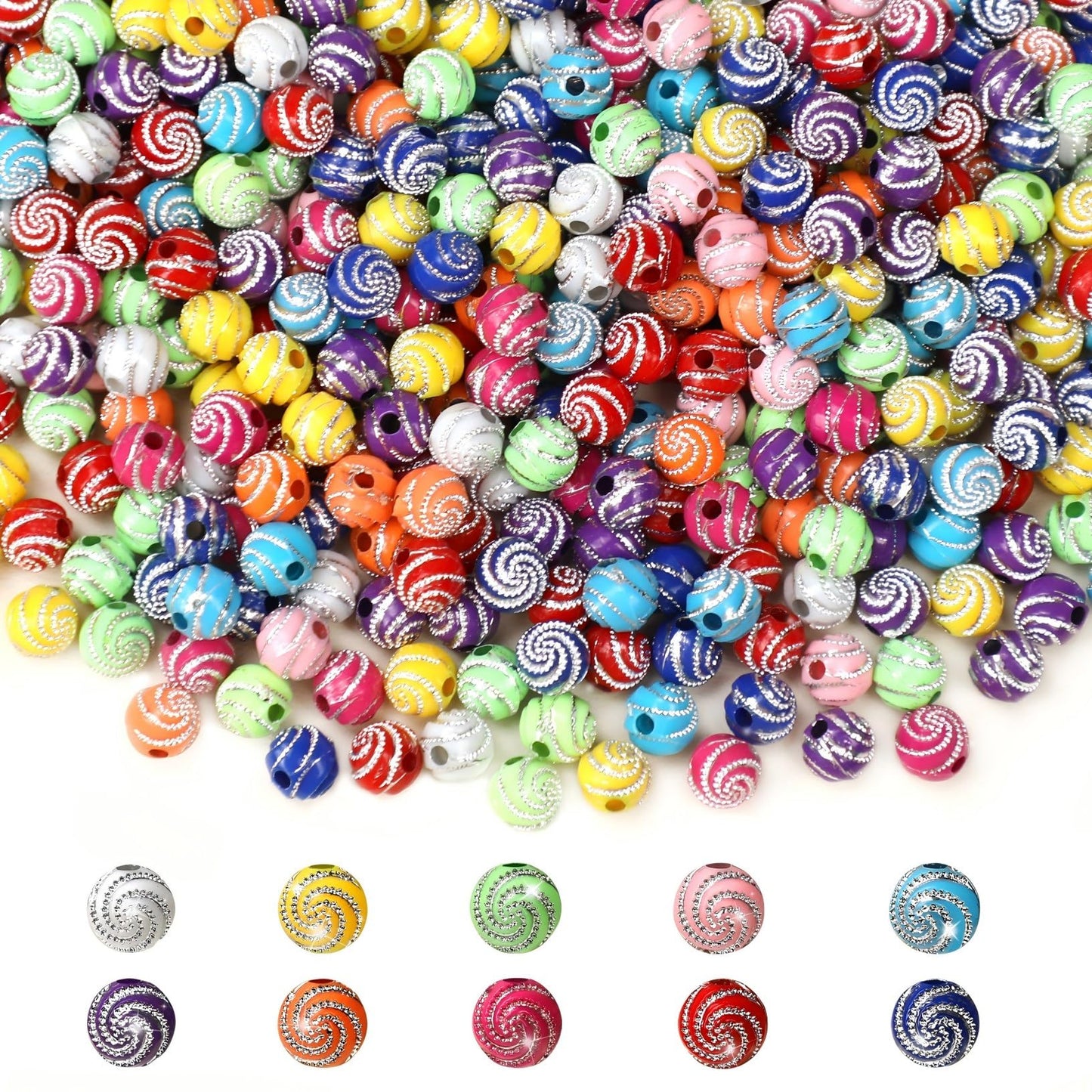 TOBETOPTOOLER 1000PCS 8mm Acrylic Beads for Bracelets,Colorful Round Sparkle Spiral Bead Bulk for DIY Jewelry Keychains Friendship Bracelet Charms Crafts Supplies (Multicolor, Threaded 1000PCS)