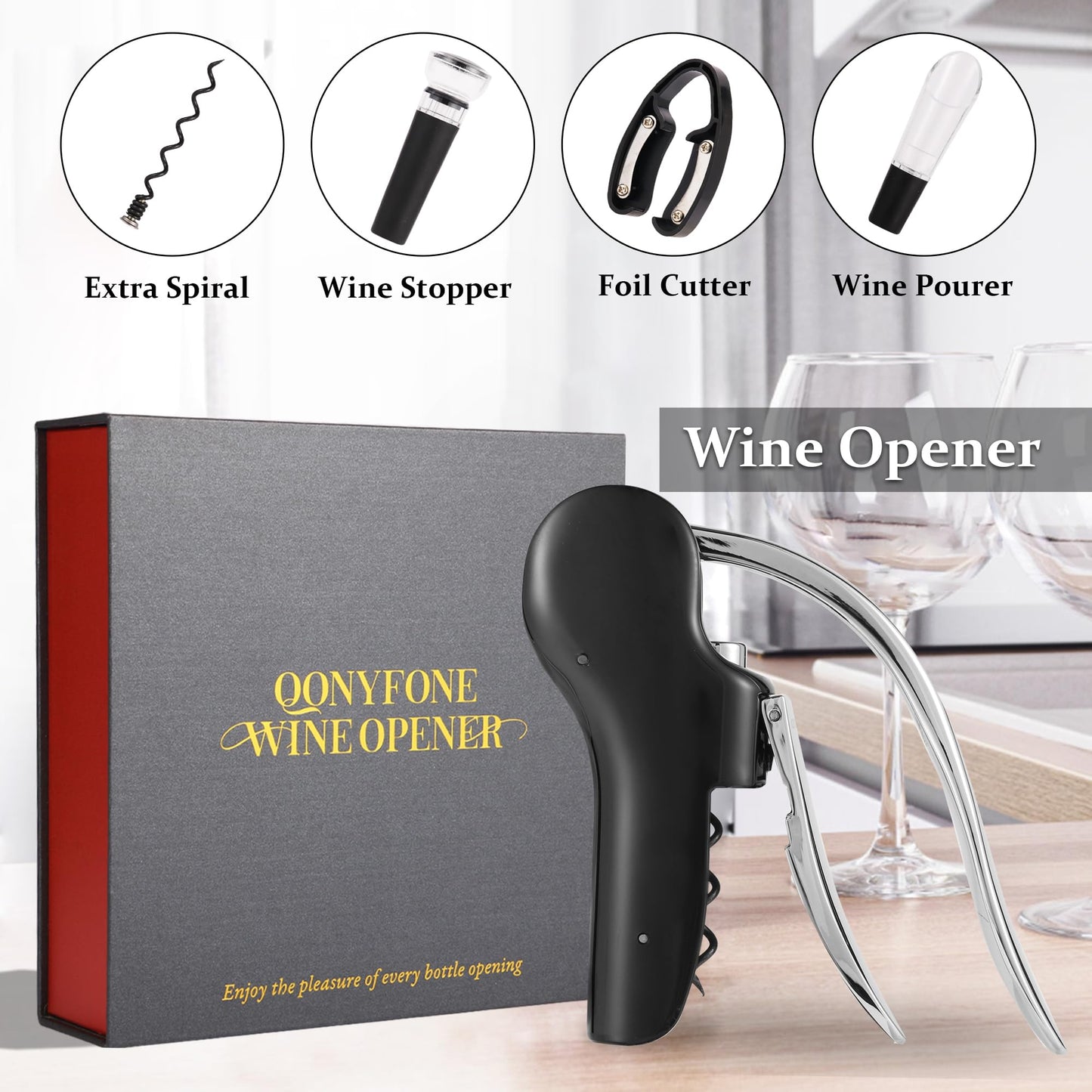 QONYFONE Wine Bottle Corkscrew Opener, Vertical Lever Corkscrew 5-Piece Set, Manual Vertical Design, Includes Wine Foil Cutter, Extra Spiral, Wine Pourer and Wine Stopper, Elegant Gift Box, Black