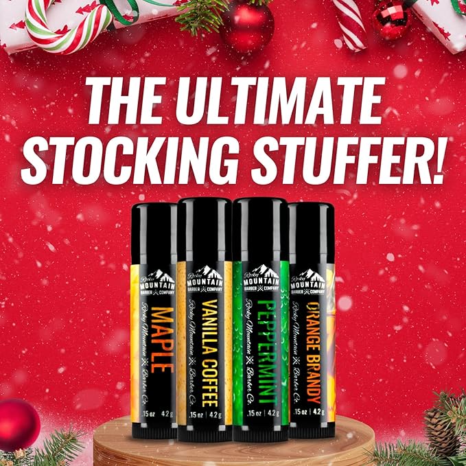 Lip Balm Set - 4 Scents - Maple, Vanilla Coffee, Peppermint, & Orange Brandy - No Shine Matte Finish - Featuring Coconut Oil, Avocado Oil, Bees Wax, & Shea Butter by Rocky Mountain Barber Company