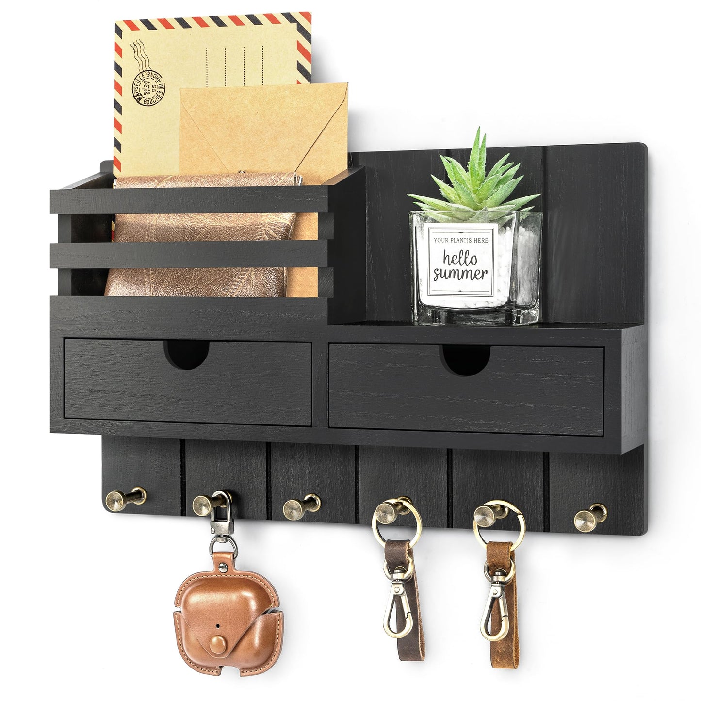Rebee Vision Decorative Key Holder Wall Mount with 2 Drawer Organizer - Modern Mail Organizer with 6 Key Hooks & Shelf - Home Decor Aesthetic for Apartment Essentials (Black)