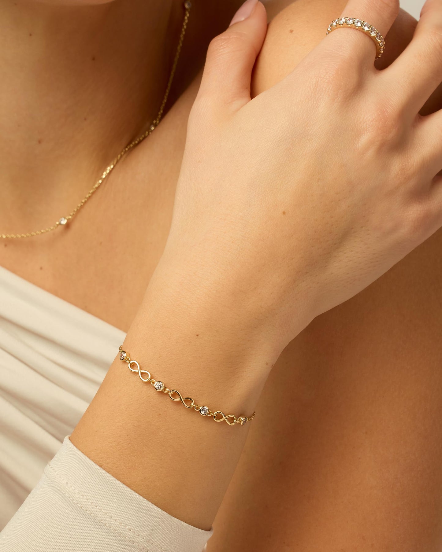 PAVOI Rhodium Plated Infinity Simulated Diamond Station Chain Bracelet for Women | Cubic Zirconia Adjustable Friendship Bracelet